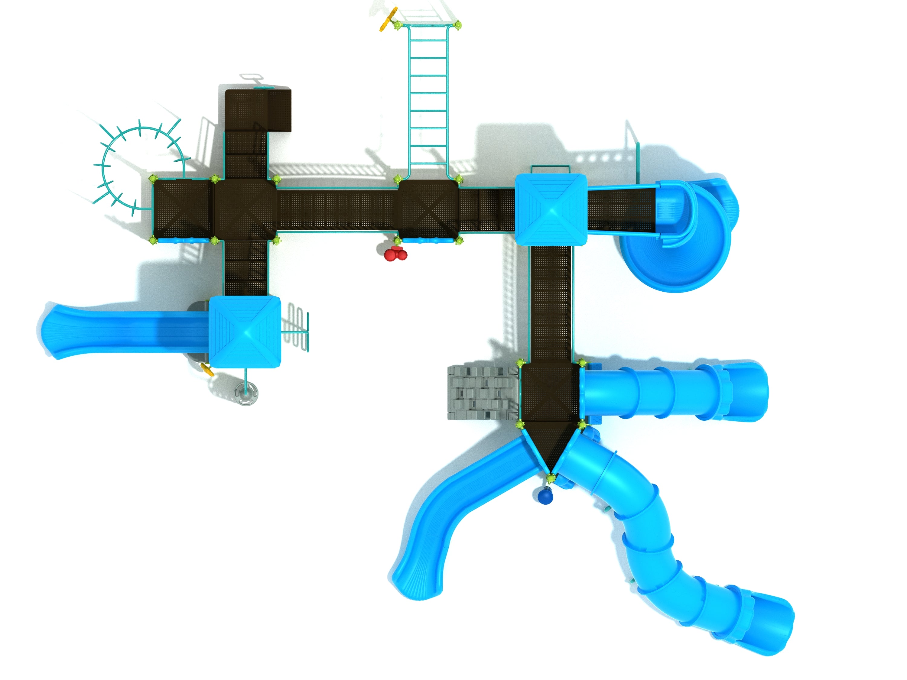 Overhead view of a large playground structure with multiple blue slides, climbing ladders, and interconnected platforms