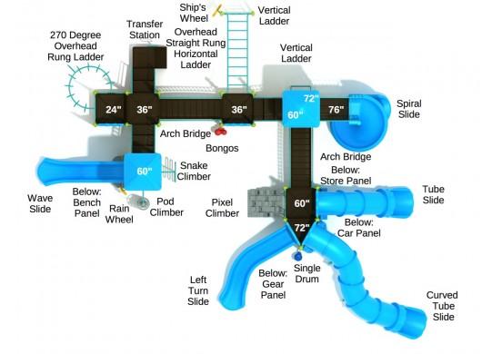 Overhead view of a large blue and brown playground with multiple slides, climbers, ladders, and interactive panels