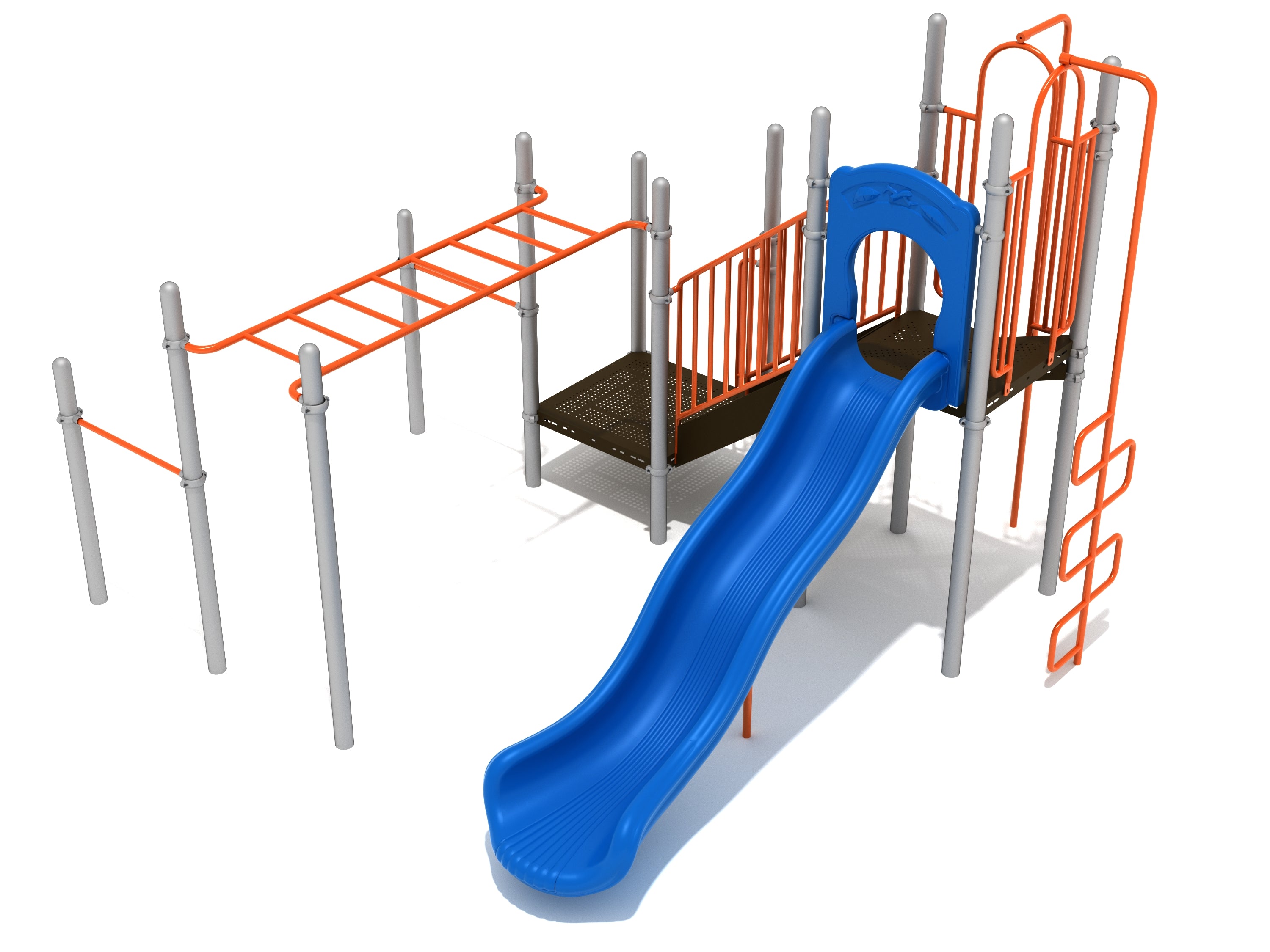 Forest Grove Playground with blue wave slide, orange pull-up bars, overhead ladder, snake climber, and firefighter pole
