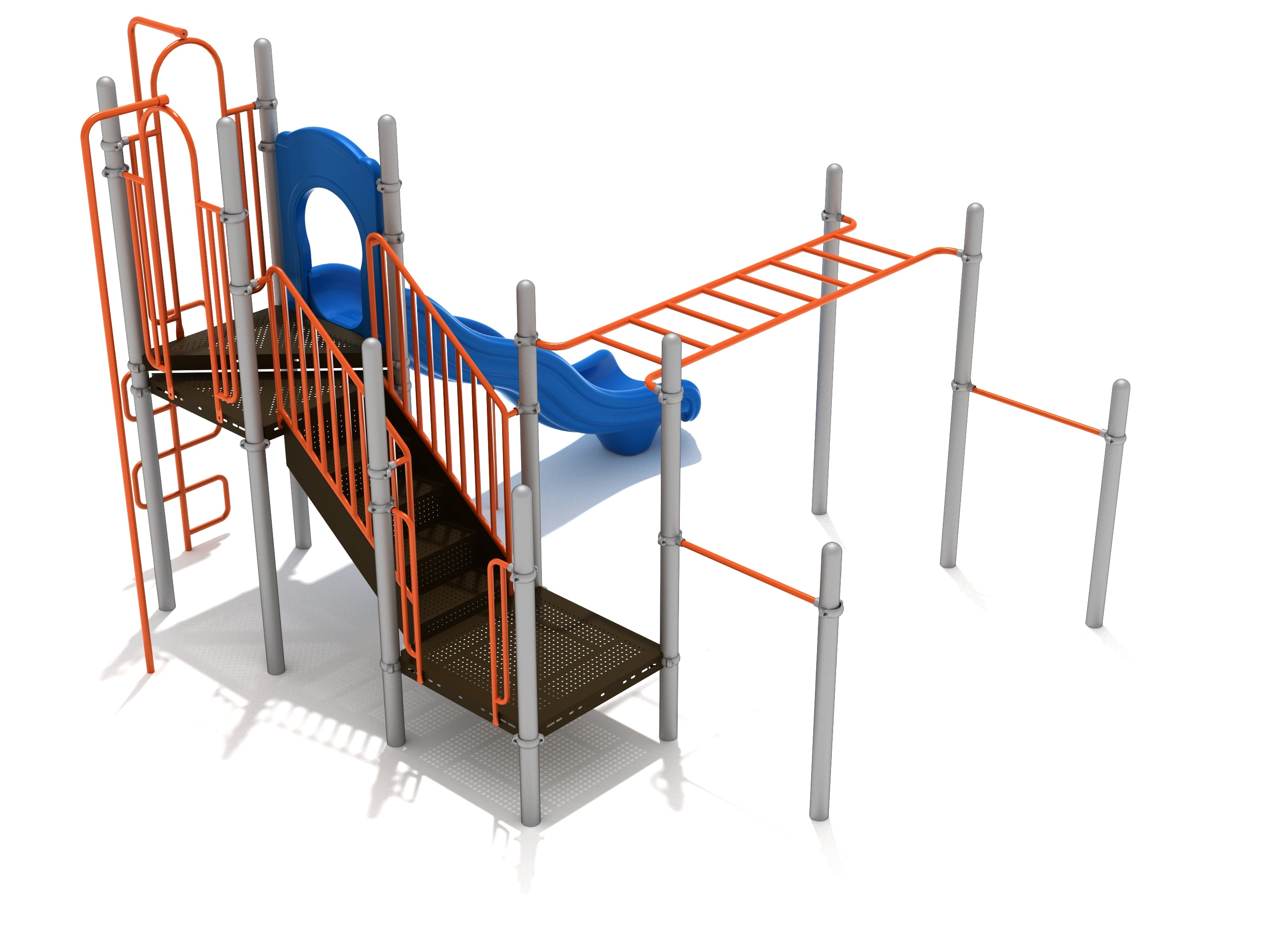 Playground structure with orange pull-up bars, overhead ladder, blue wave slide, stairs, snake climber, and firefighter pole