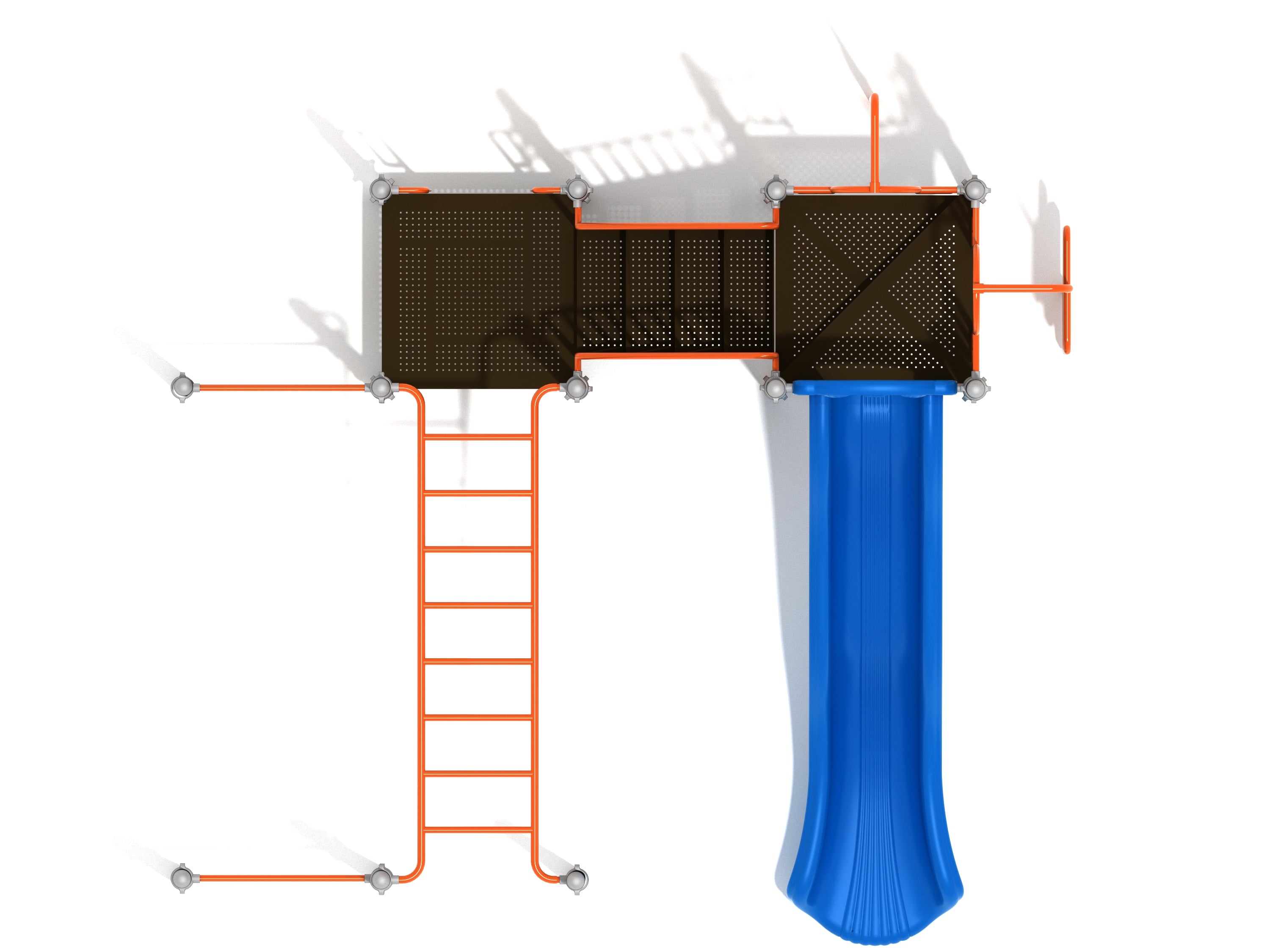 Overhead view of playground with orange climbing bars, two platforms, and a blue wave slide