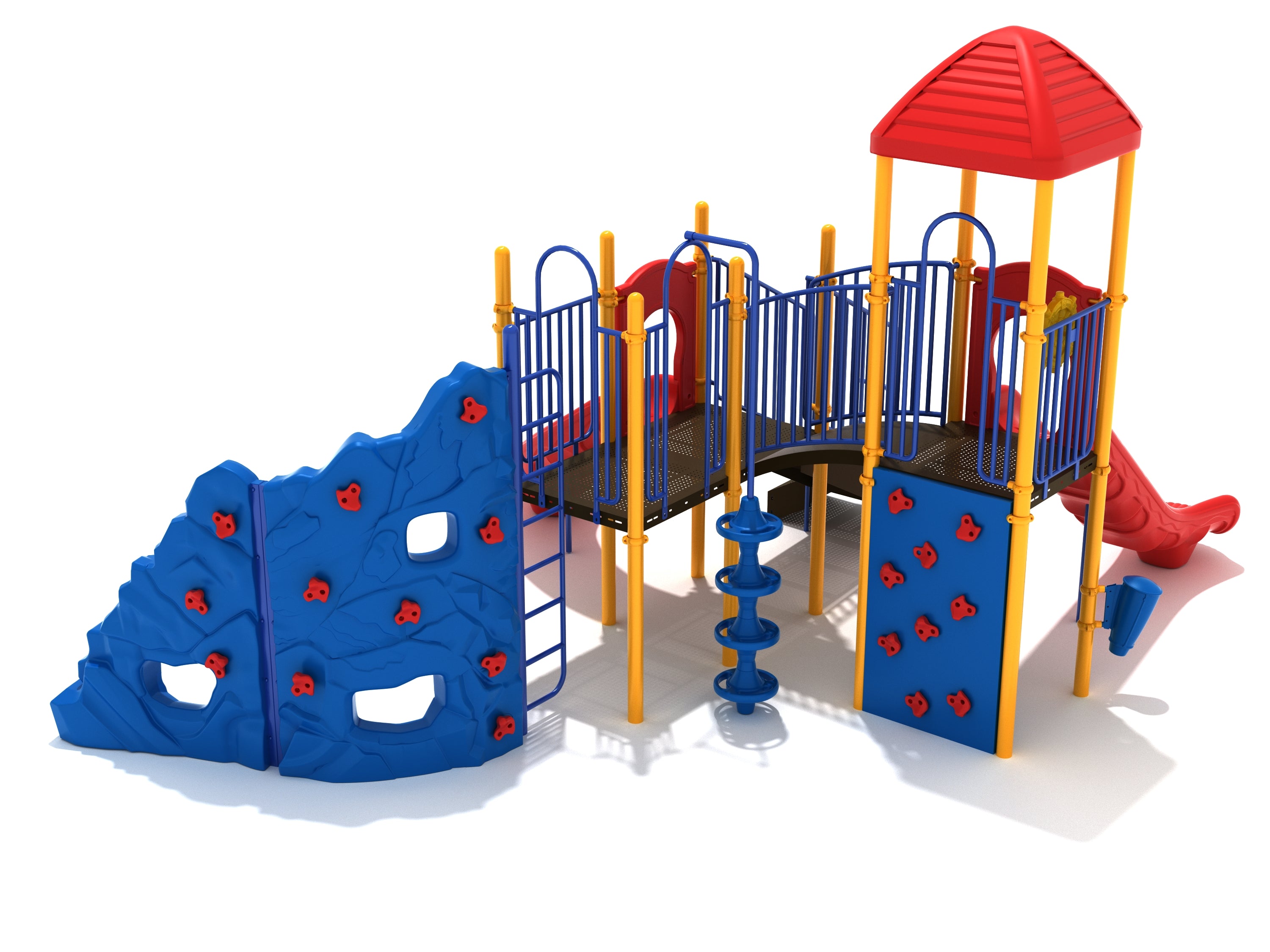 Thermopolis Playground large play system with blue rock climbing walls, red slides, yellow posts, and interactive features like a ship's wheel and rain wheel