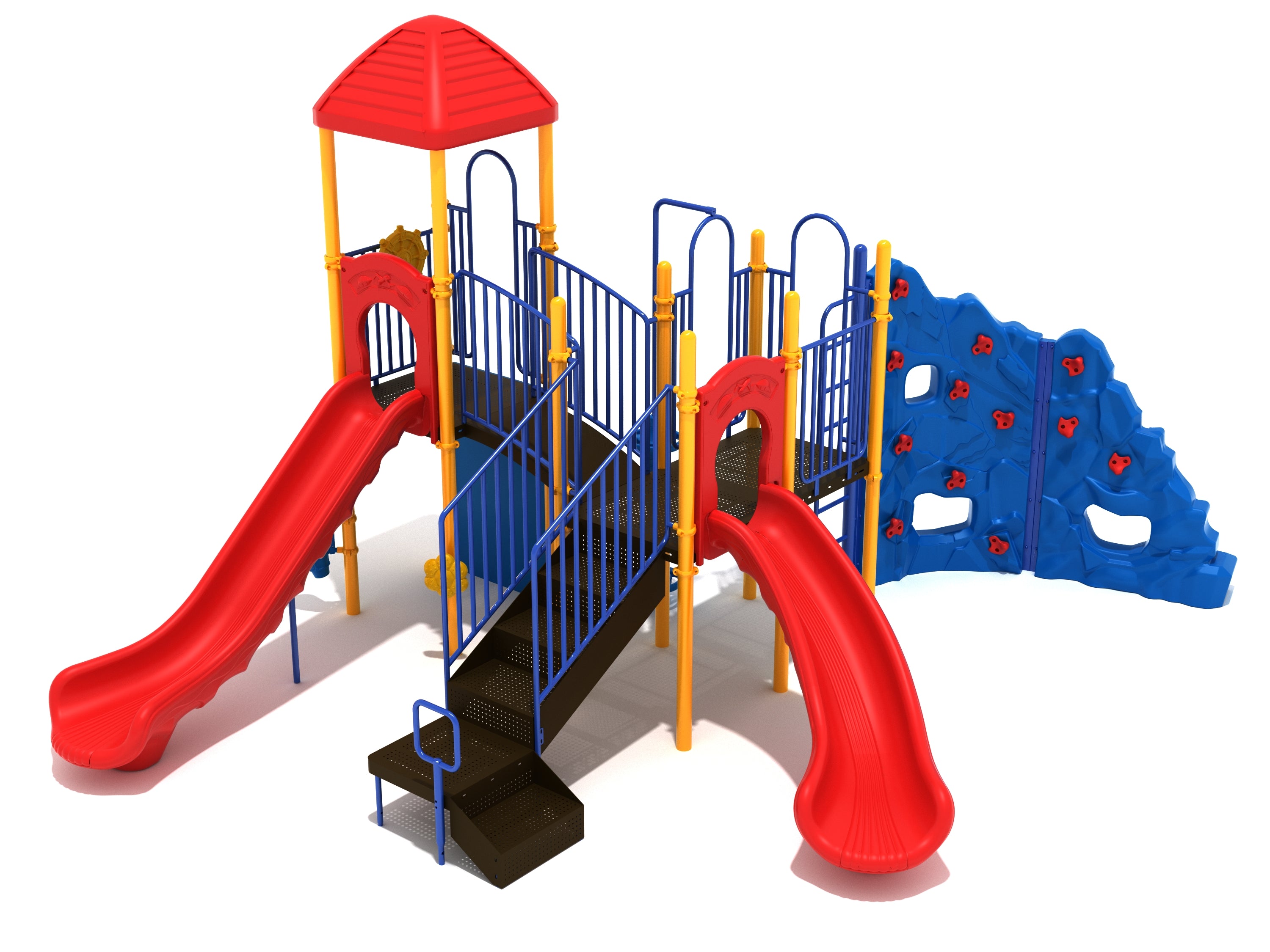 Colorful playground structure with two red slides, blue rock climbing walls with red grips, yellow posts, and a small roofed platform