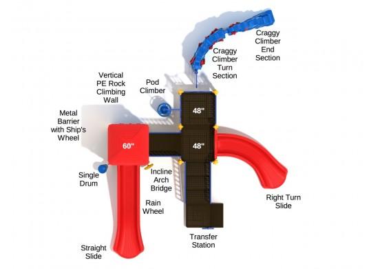 Overhead view of a large playground structure with multiple rock climbing walls, two red slides, and interactive play features including wheels and drums