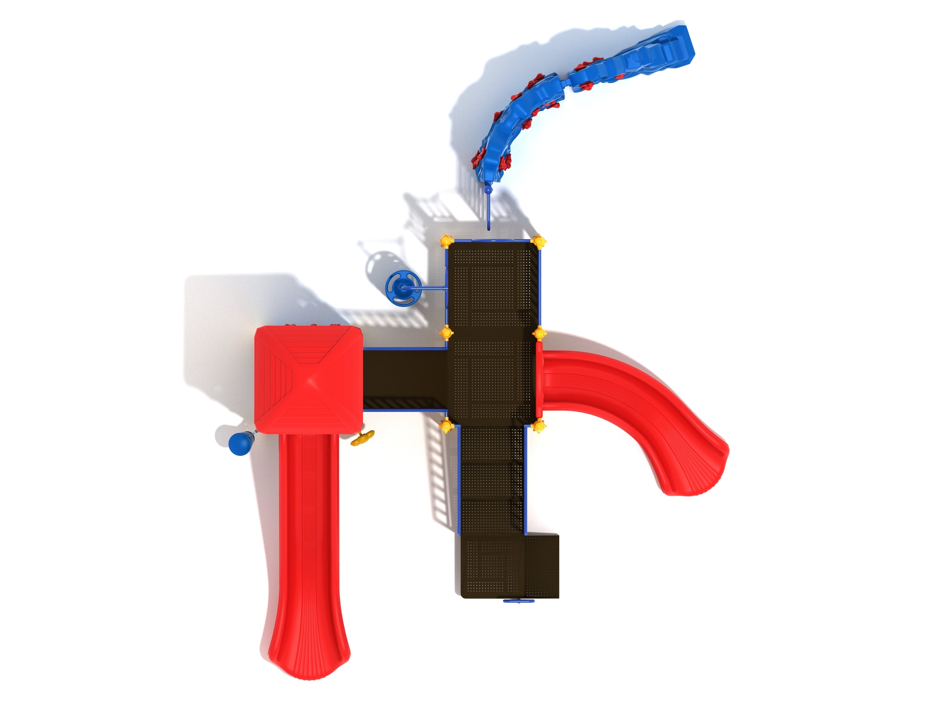 Overhead view of playground structure with two red slides, blue climbing walls, and interactive play features