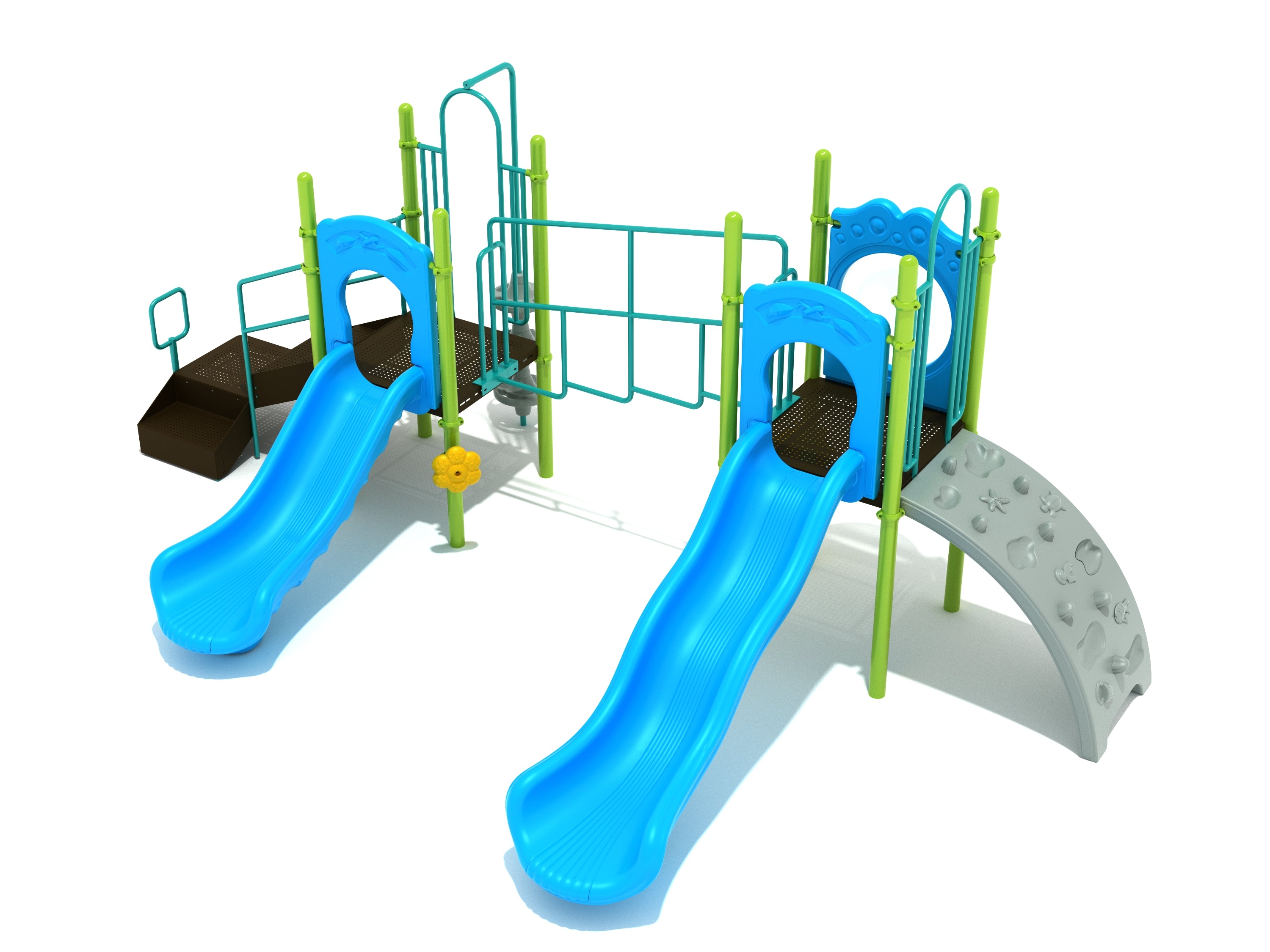 Ponce Inlet Playground with two decks, blue slides, green posts, climbers, spinnable wheels, and connecting mountain climber bridge