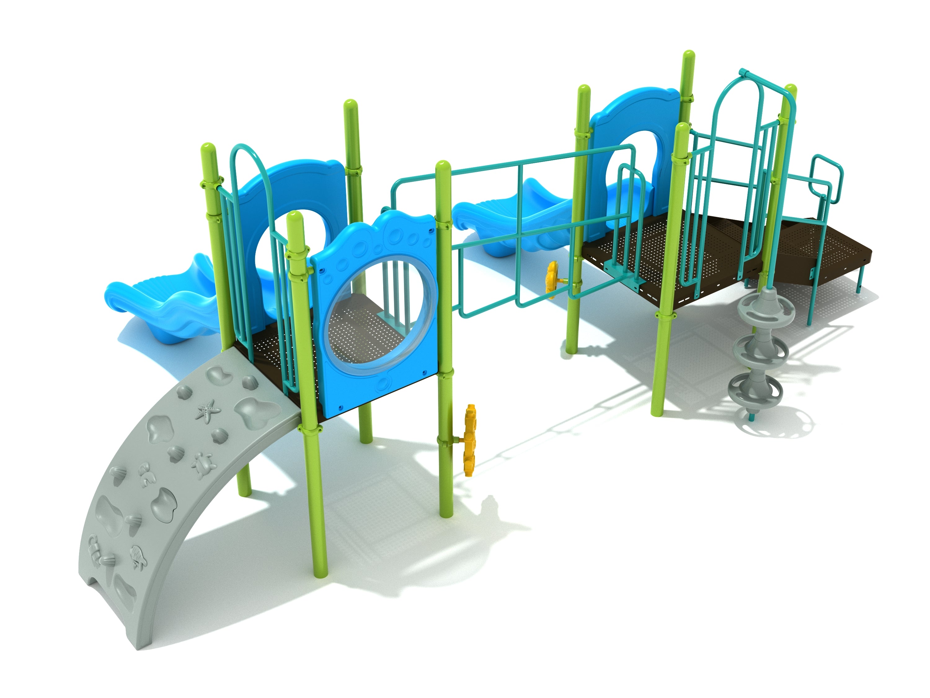 Colorful playground with two connected decks, slides, climbers, spinnable wheels, and interactive play features in blue, green, and gray.