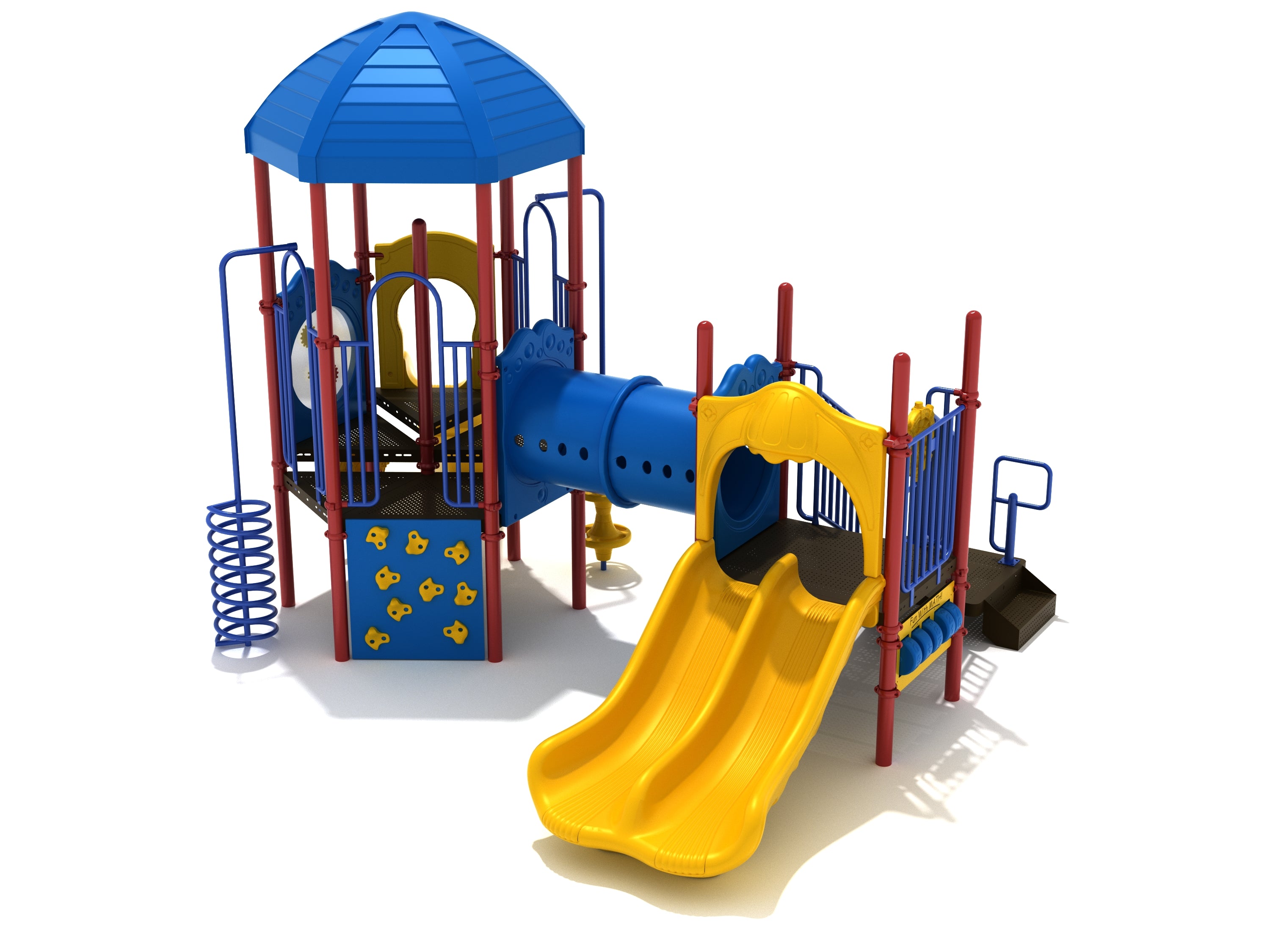 Mankato Playground with blue hex roof, yellow double slide, tube bridge, climbing walls, and interactive play panels in primary colors