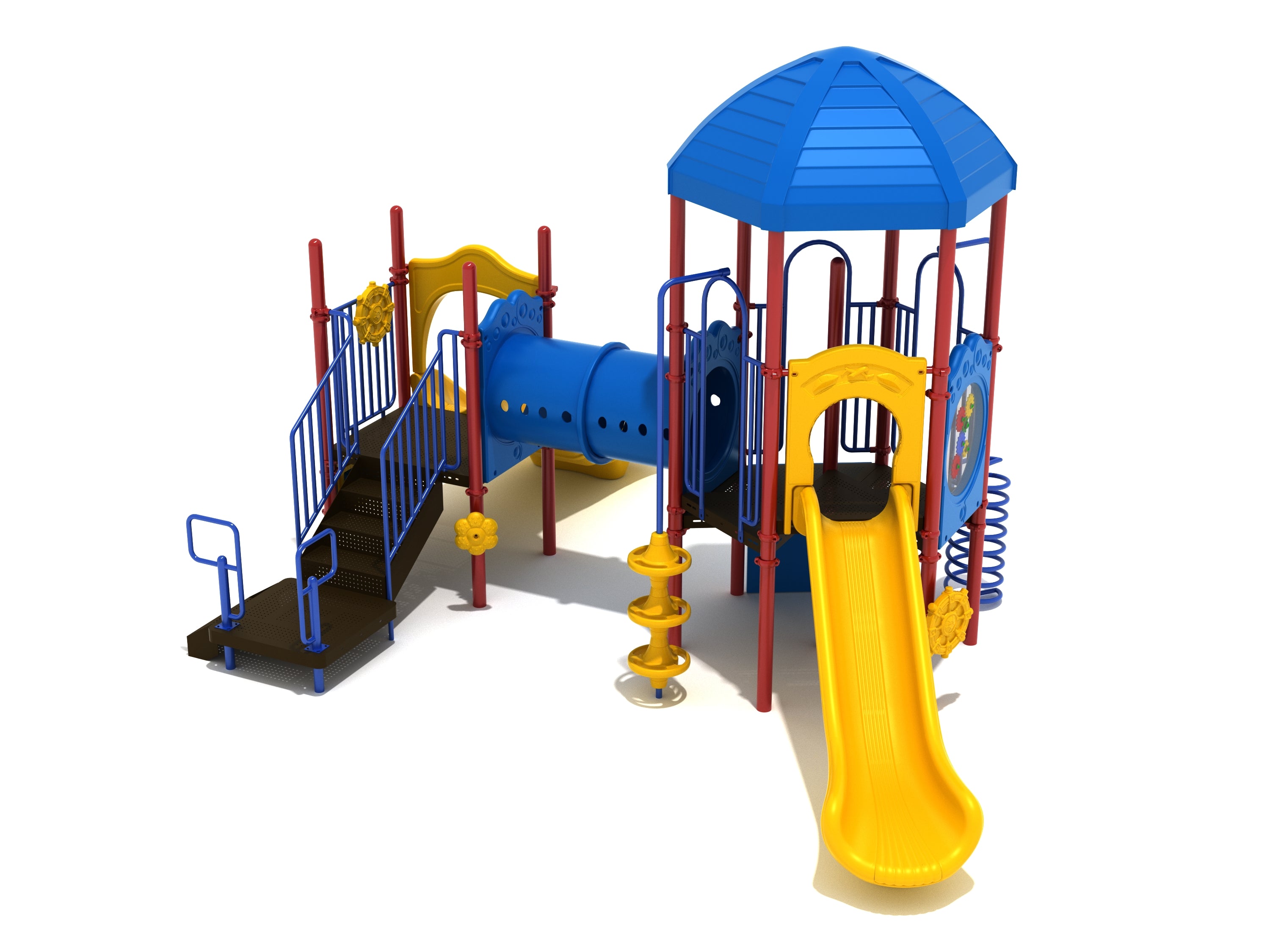Colorful playground with hexagonal roof, tube bridge, climbing walls, interactive panels, and yellow slides.