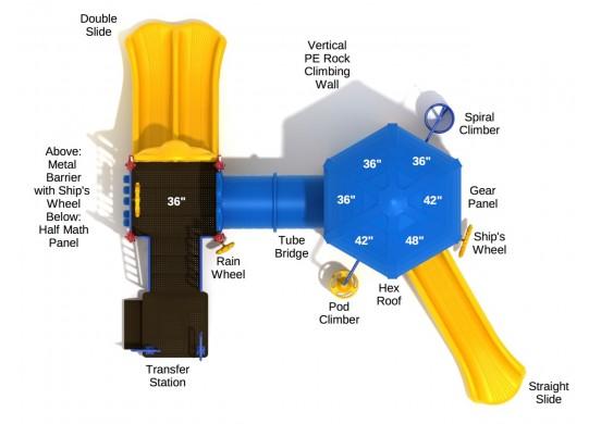 Overhead view of a large playground with hexagonal platform, tube bridge, multiple climbers, slides, gear panel, and ship's wheel