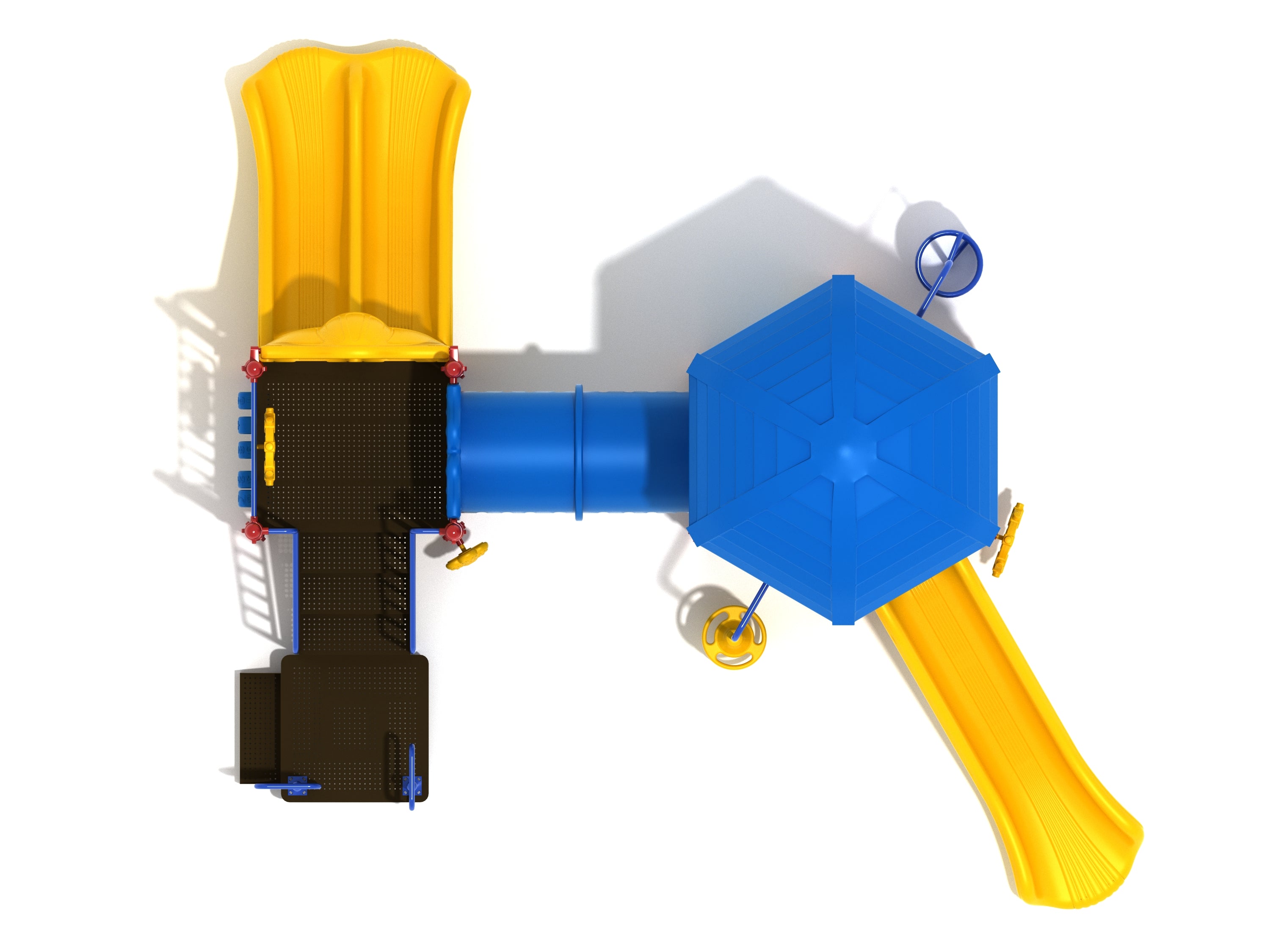 Overhead view of blue and yellow playground with hexagonal roof, tube bridge, slides, climbers, and interactive panels
