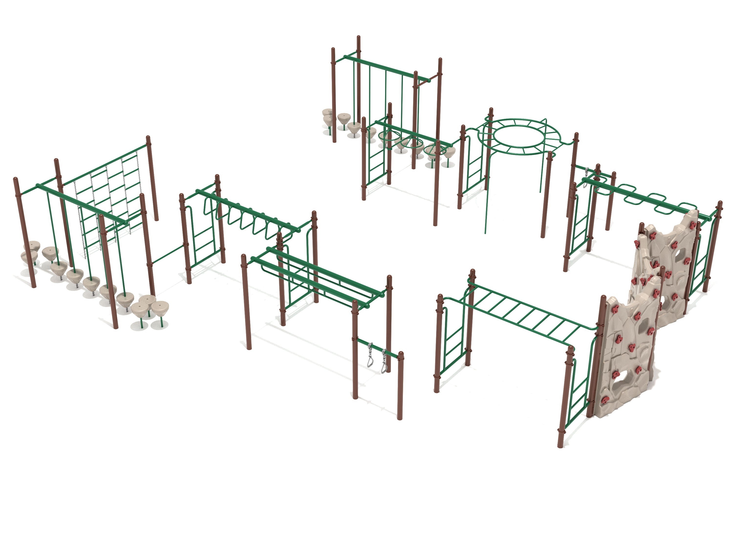 Rotonda Fitness Course Playground with neutral-toned climbing walls, green metal bars, and various obstacle elements for active play