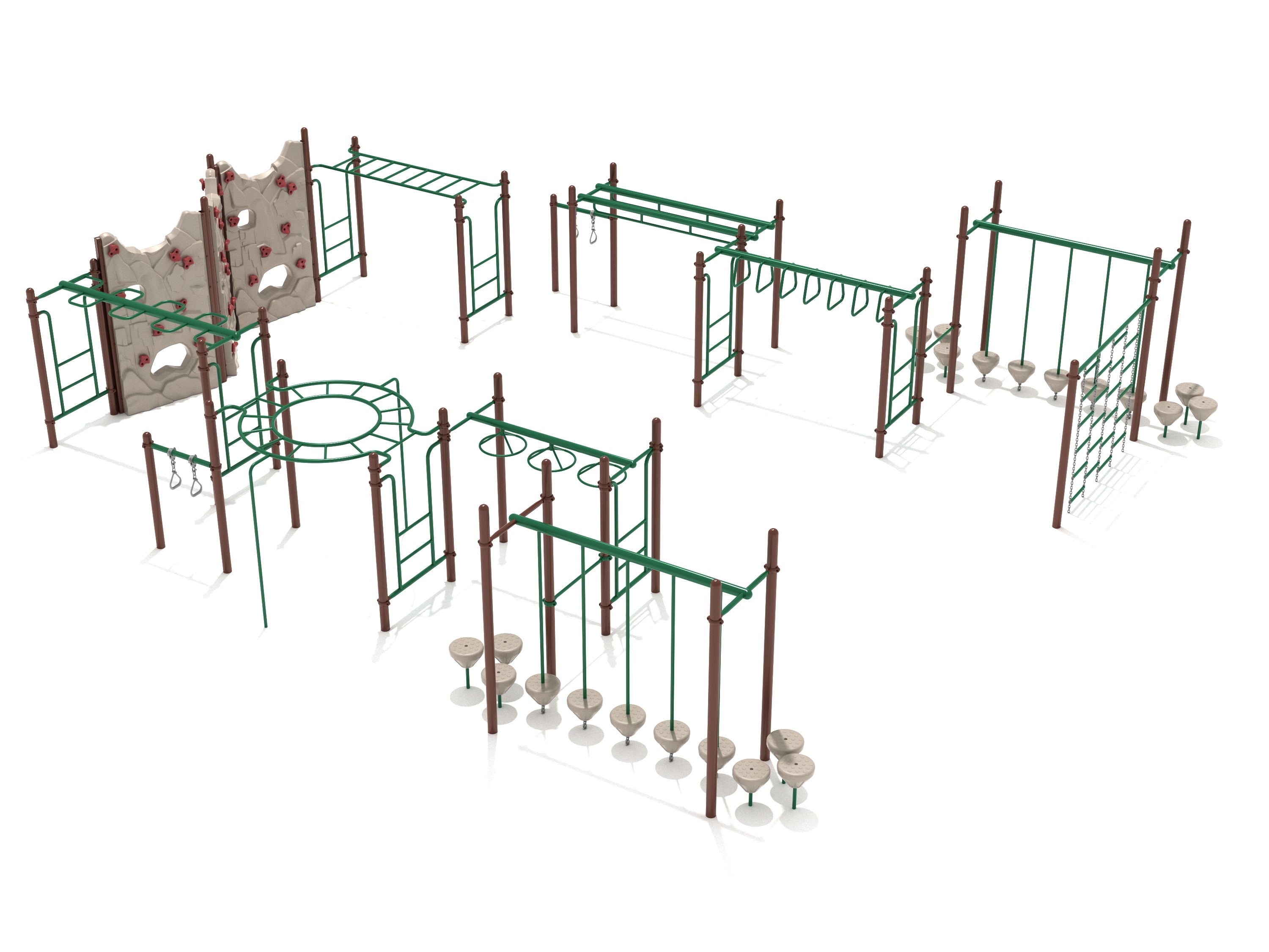 Overhead view of outdoor fitness playground with climbing walls, monkey bars, hanging rings, and stepping pods