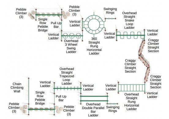 Overhead view of outdoor fitness playground with climbing walls, ladders, swinging rings, and obstacle course elements