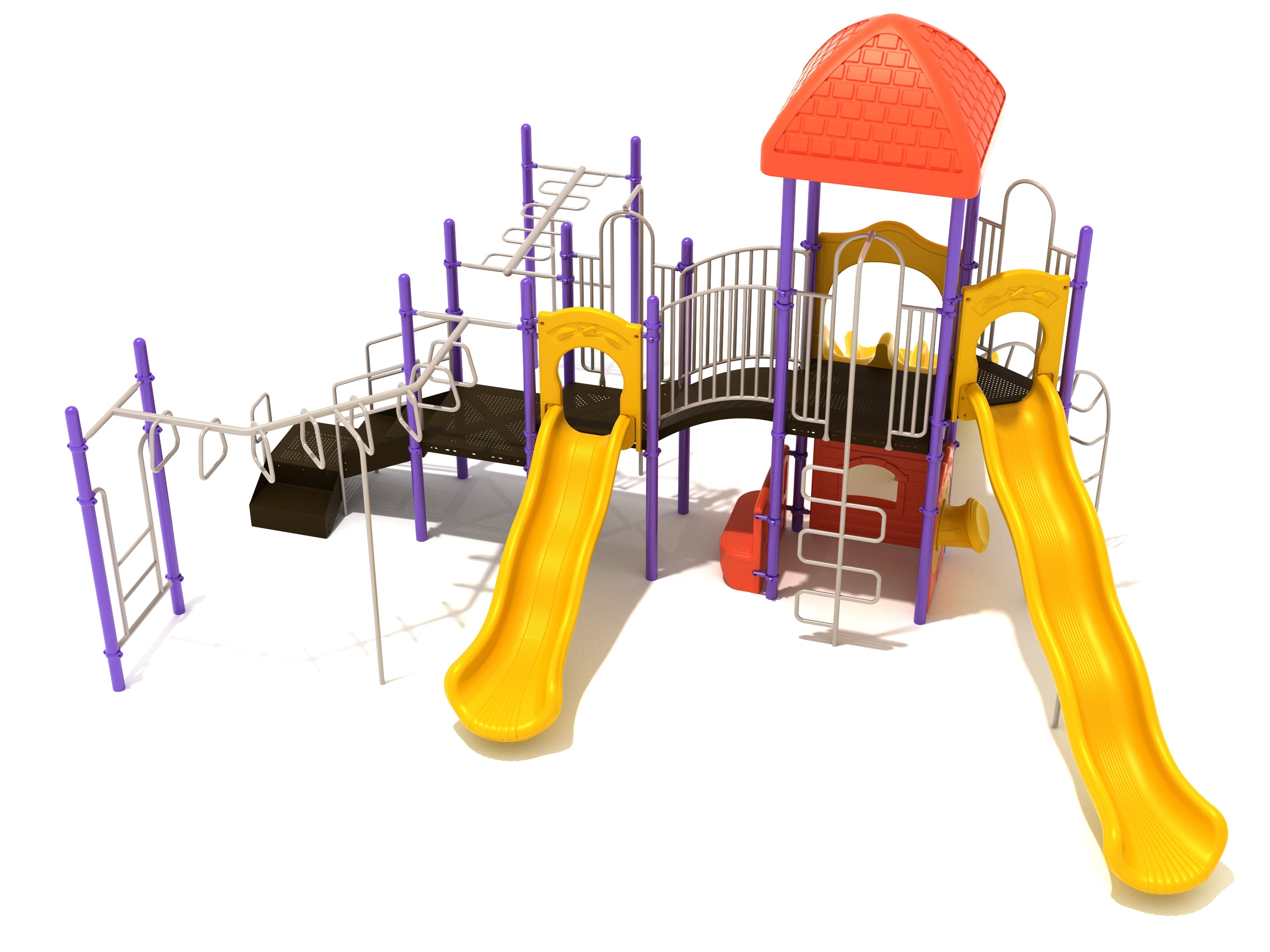 Gainesville Playground large play system with yellow wave slides, purple supports, climbing ladders, red roofed platform, and interactive panels