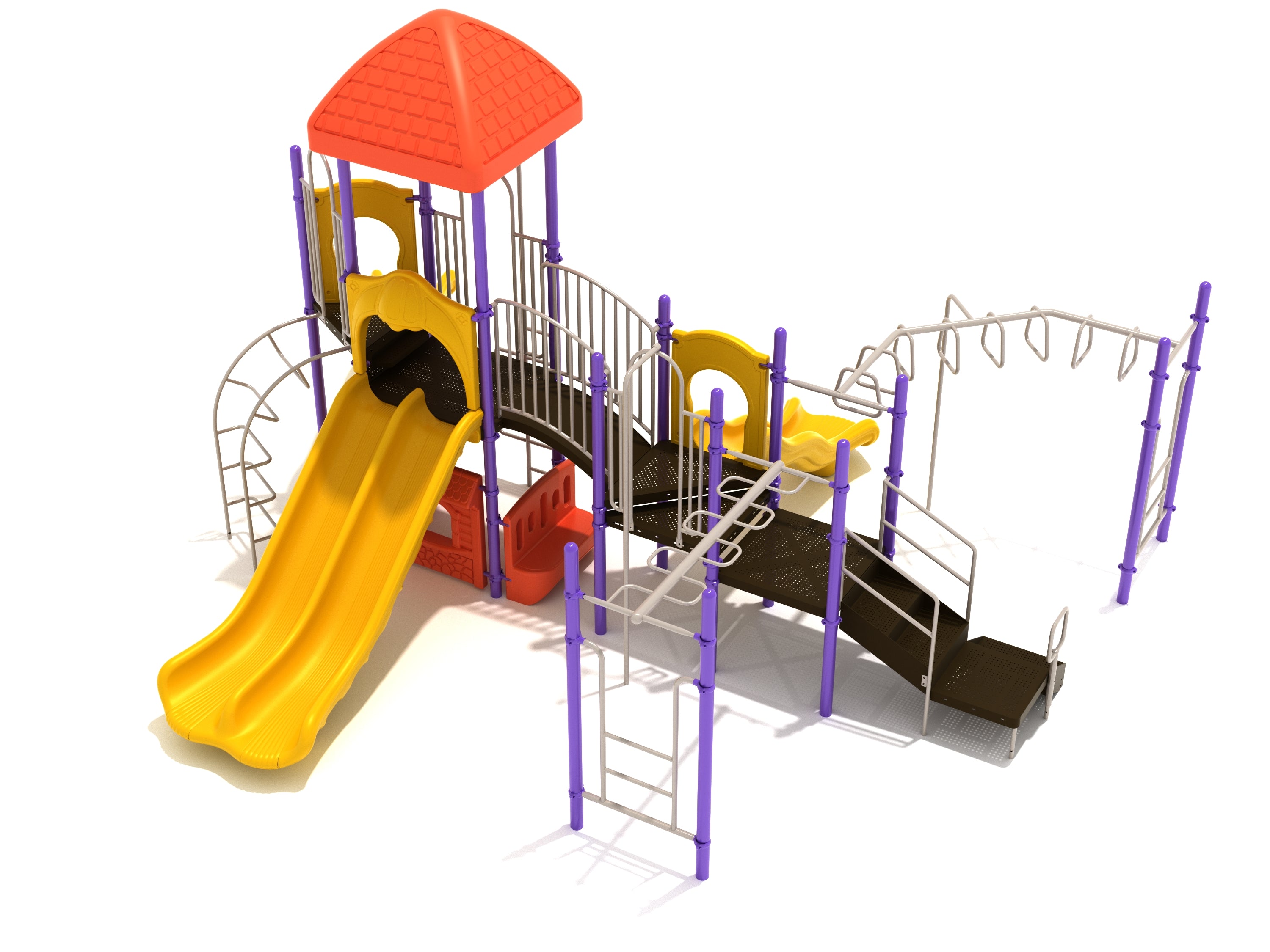 Colorful playground structure with dual yellow wave slides, climbing ladders, overhead loop bars, red roof canopy, and interactive panels.