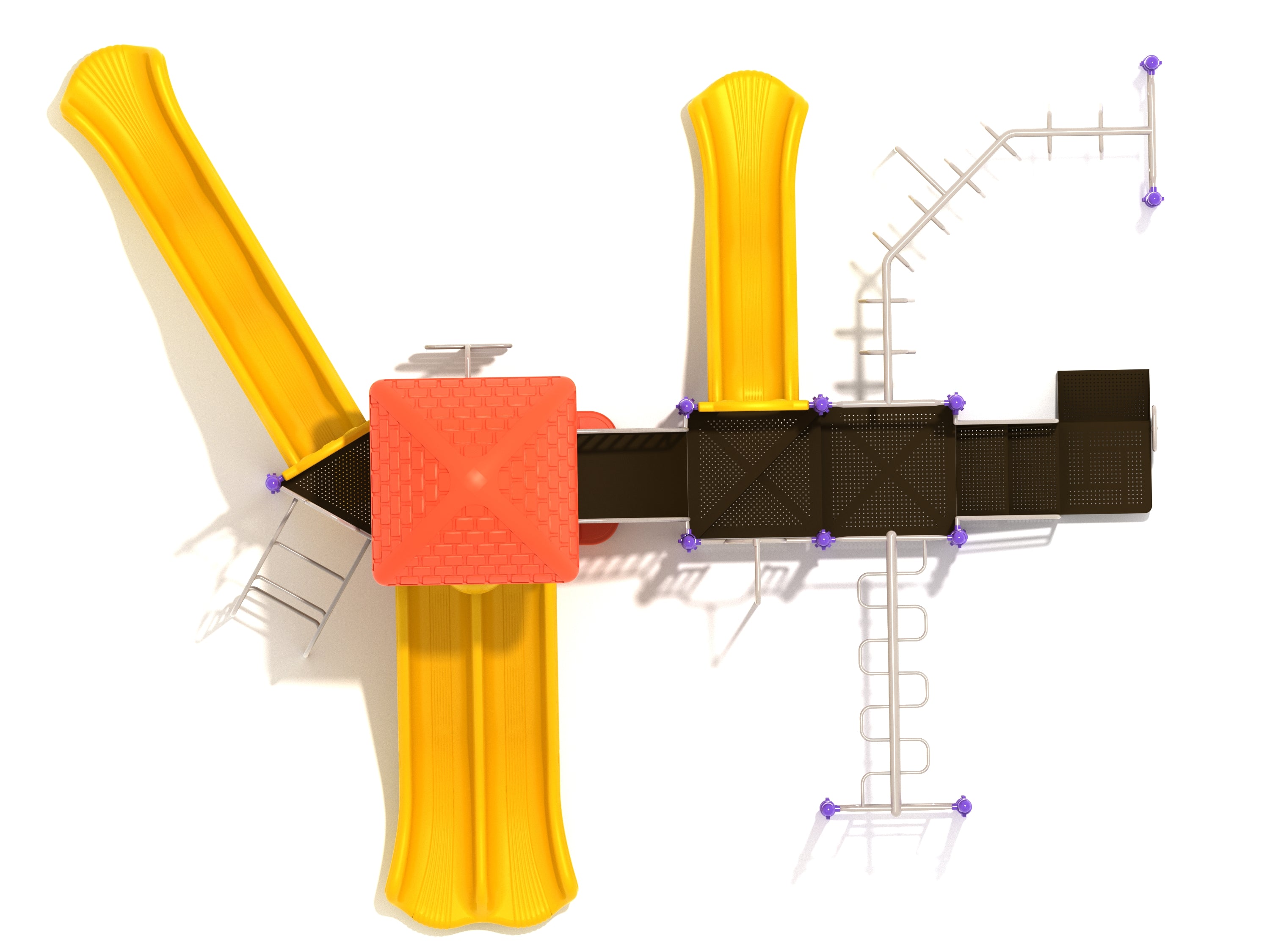 Overhead view of colorful playground with yellow slides, climbing ladders, red-roofed platform, and interactive panels