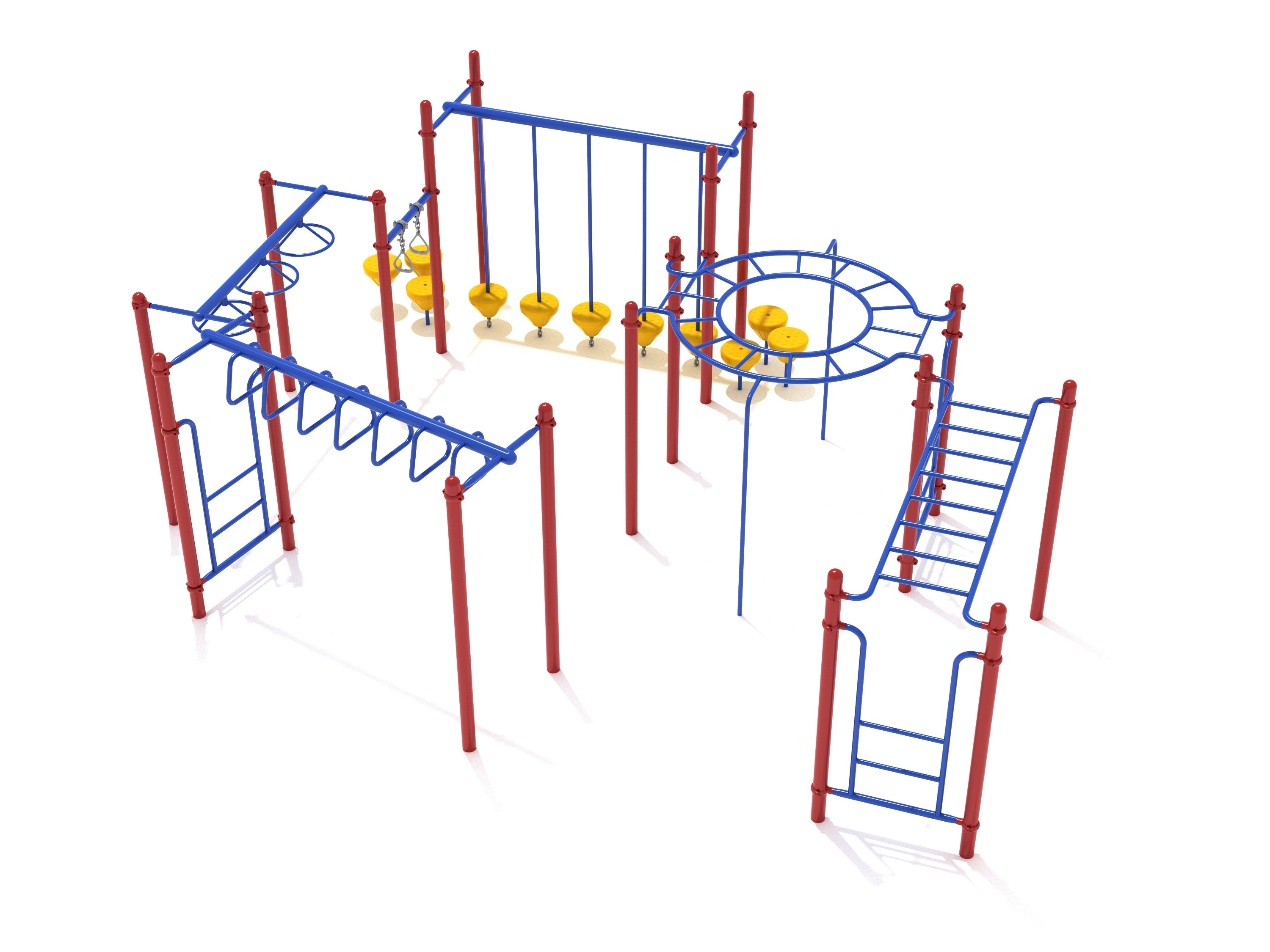 Terre Haute Fitness Course Playground with red and blue climbing structures, overhead ladders, spinning wheels, and balance stepping stones
