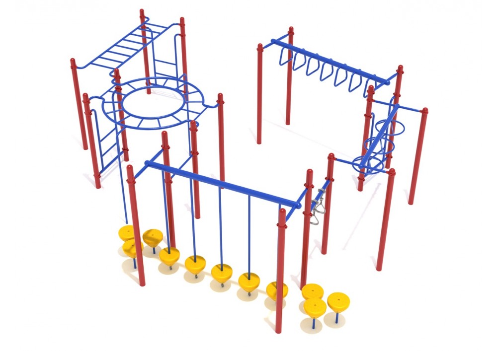 Red and blue playground fitness structure with overhead climbers, circular and straight rung ladders, swinging rings, and yellow pebble balance steps