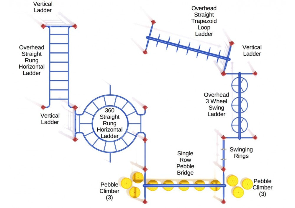 Overhead view of blue playground fitness course with ladders, swinging rings, spinning wheels, and pebble climbers