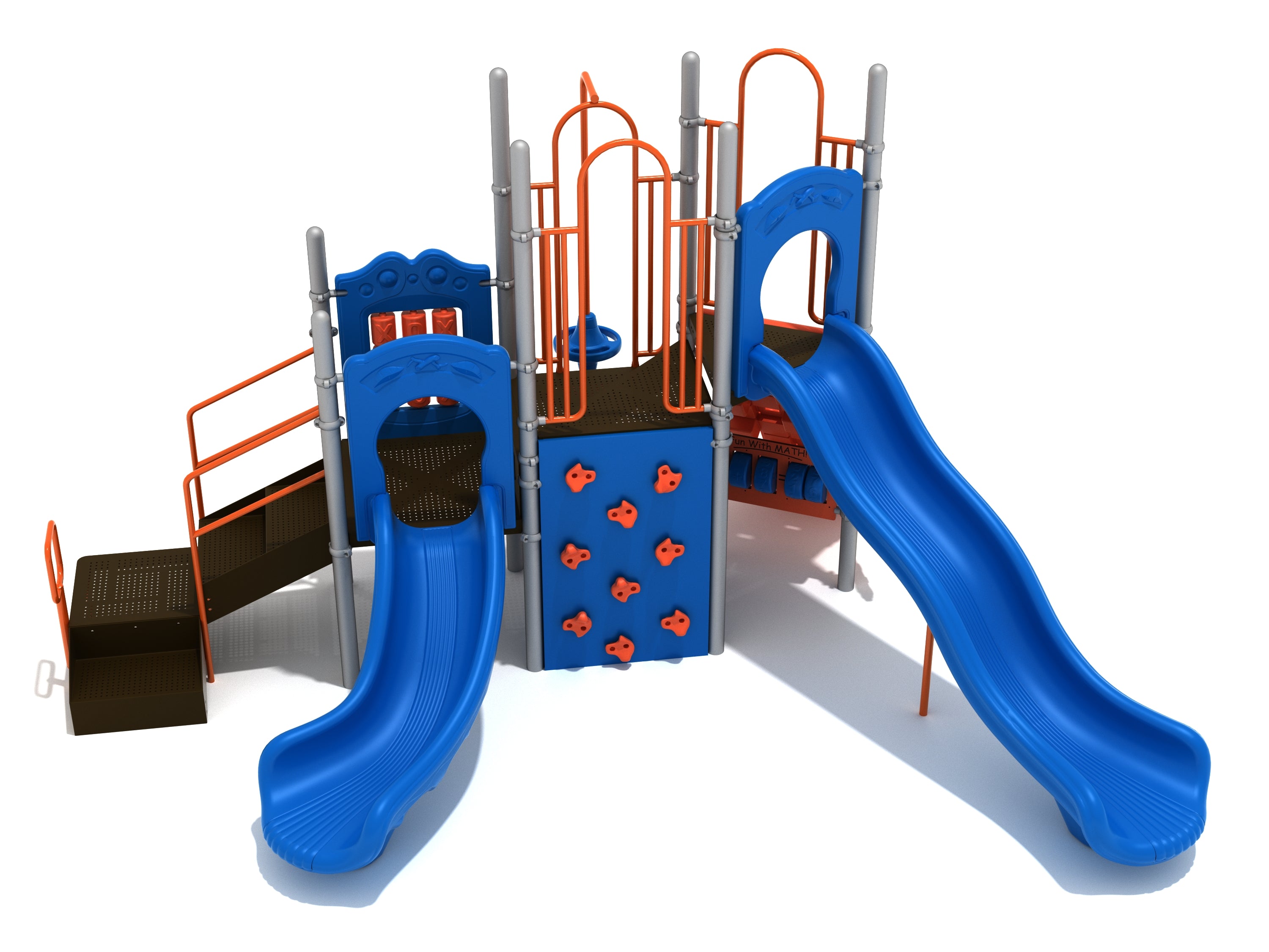 Murfreesboro Playground rocket ship play structure with dual blue slides, orange climbing wall holds, tic-tac-toe and math activity panels
