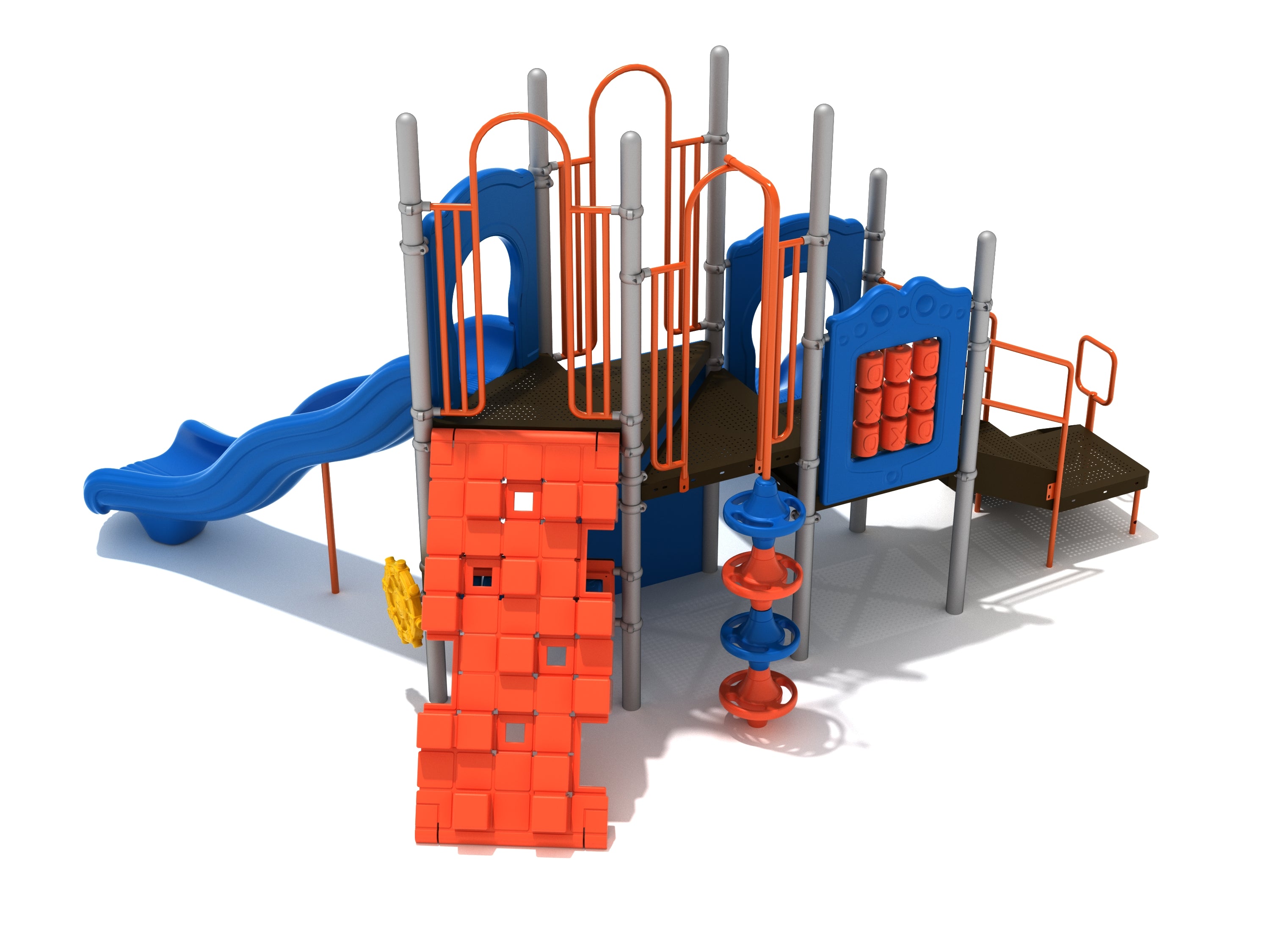 Compact playground structure with blue wave slide, orange climbing wall, spiral climber, and interactive activity panels.