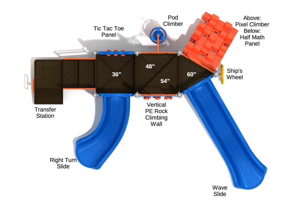 Overhead view of colorful rocket-shaped playground with slides, climbers, activity panels, and a ship's wheel