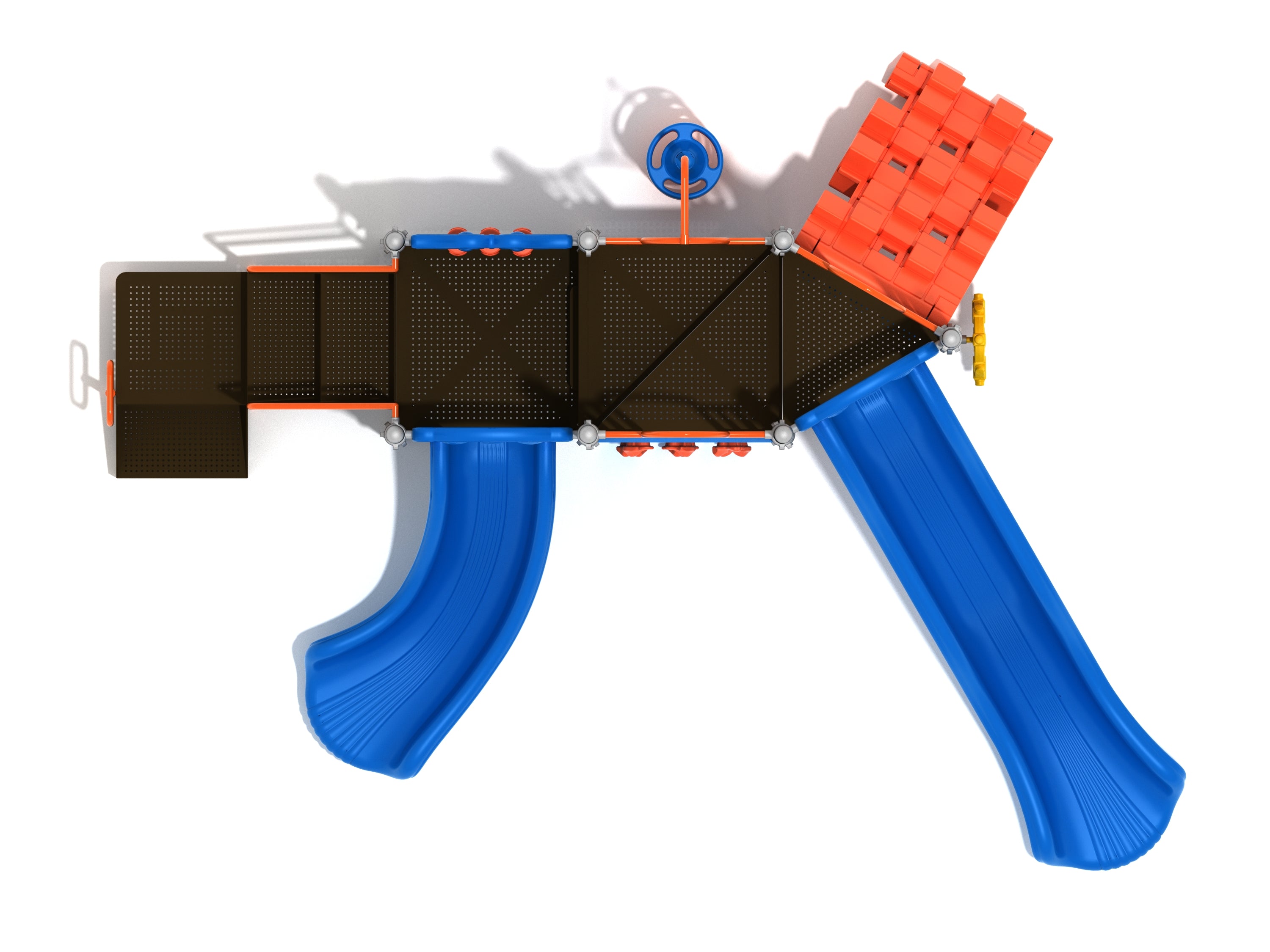 Overhead view of rocket-shaped playground with blue slides, orange climbers, and interactive tic-tac-toe and math panels