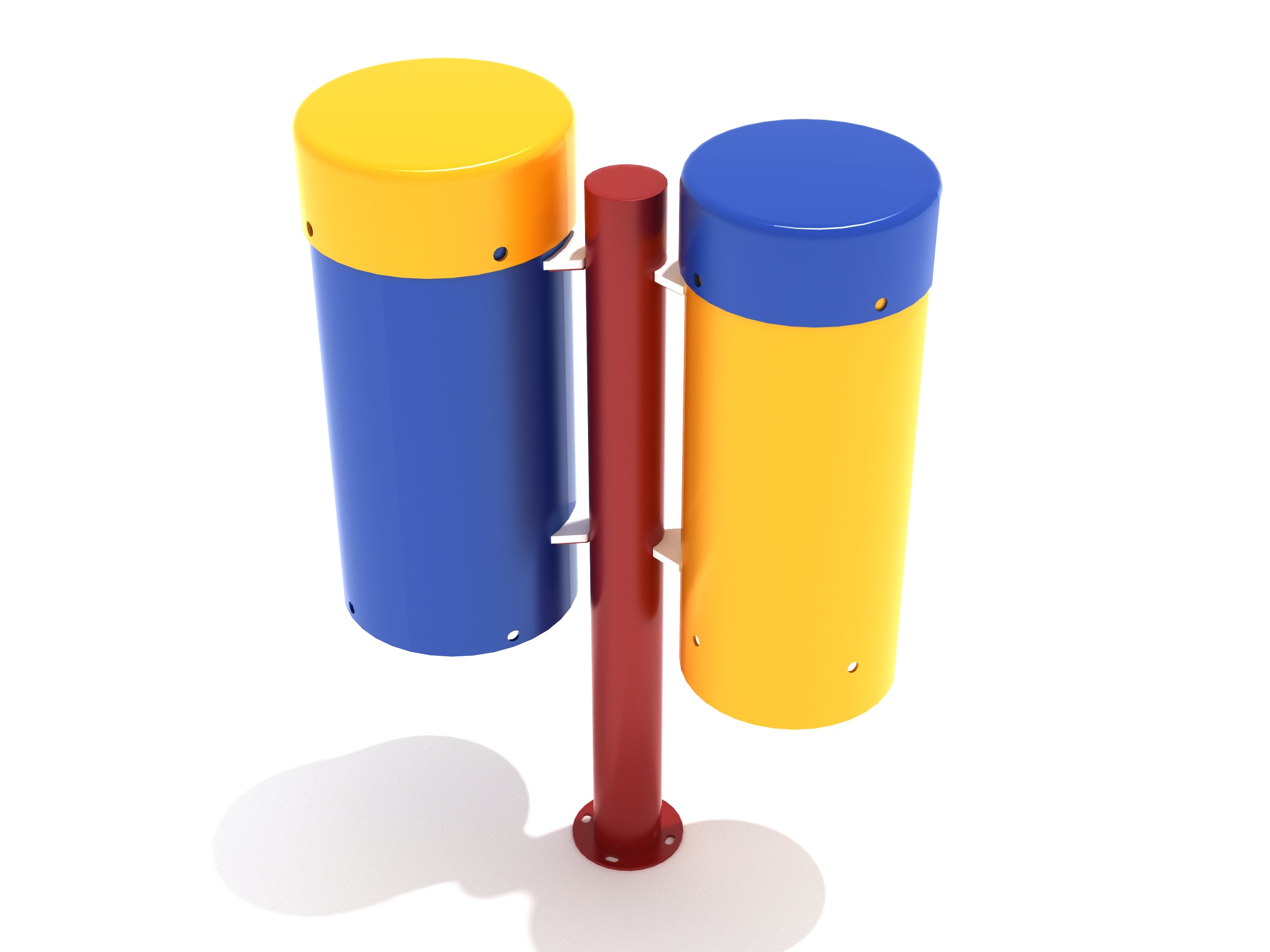 Bongo Drums with two colorful cylindrical drums in blue and yellow mounted on a red steel post for playground music play