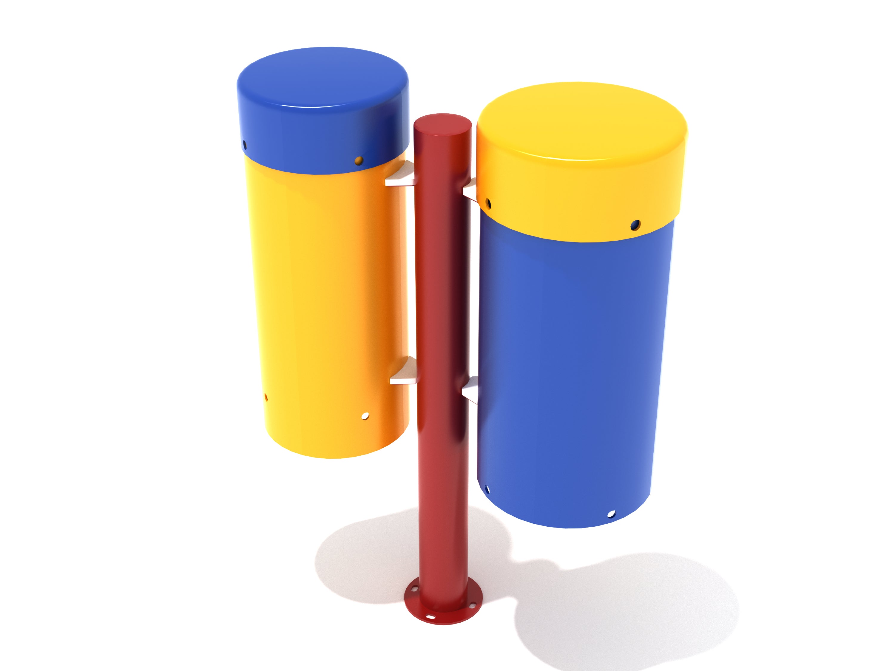 Two colorful bongo drums with blue and yellow tops mounted on a red steel post, outdoor playground musical instrument