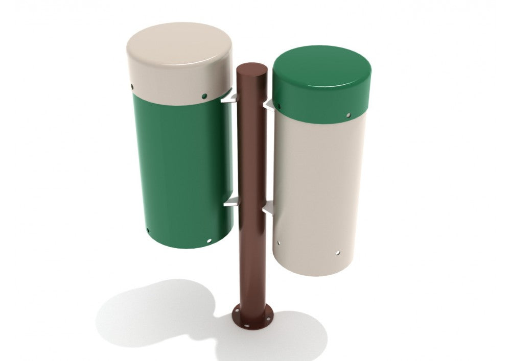 Two-tone green and beige bongo drums mounted on a brown steel post for outdoor playground musical play