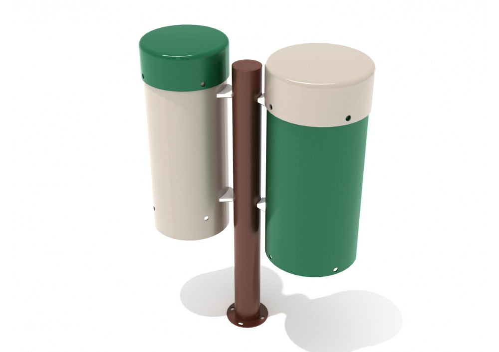 Two-tone green and beige bongo drums mounted on a brown steel post for outdoor musical play