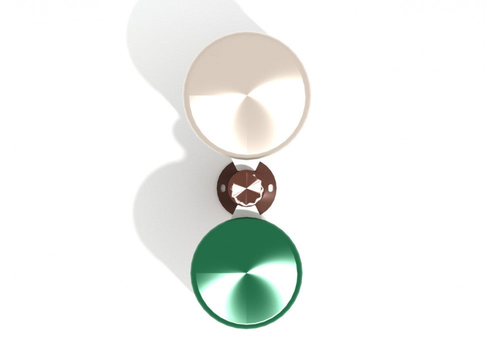 Overhead view of two connected bongo drums with beige and green drumheads on a central steel post