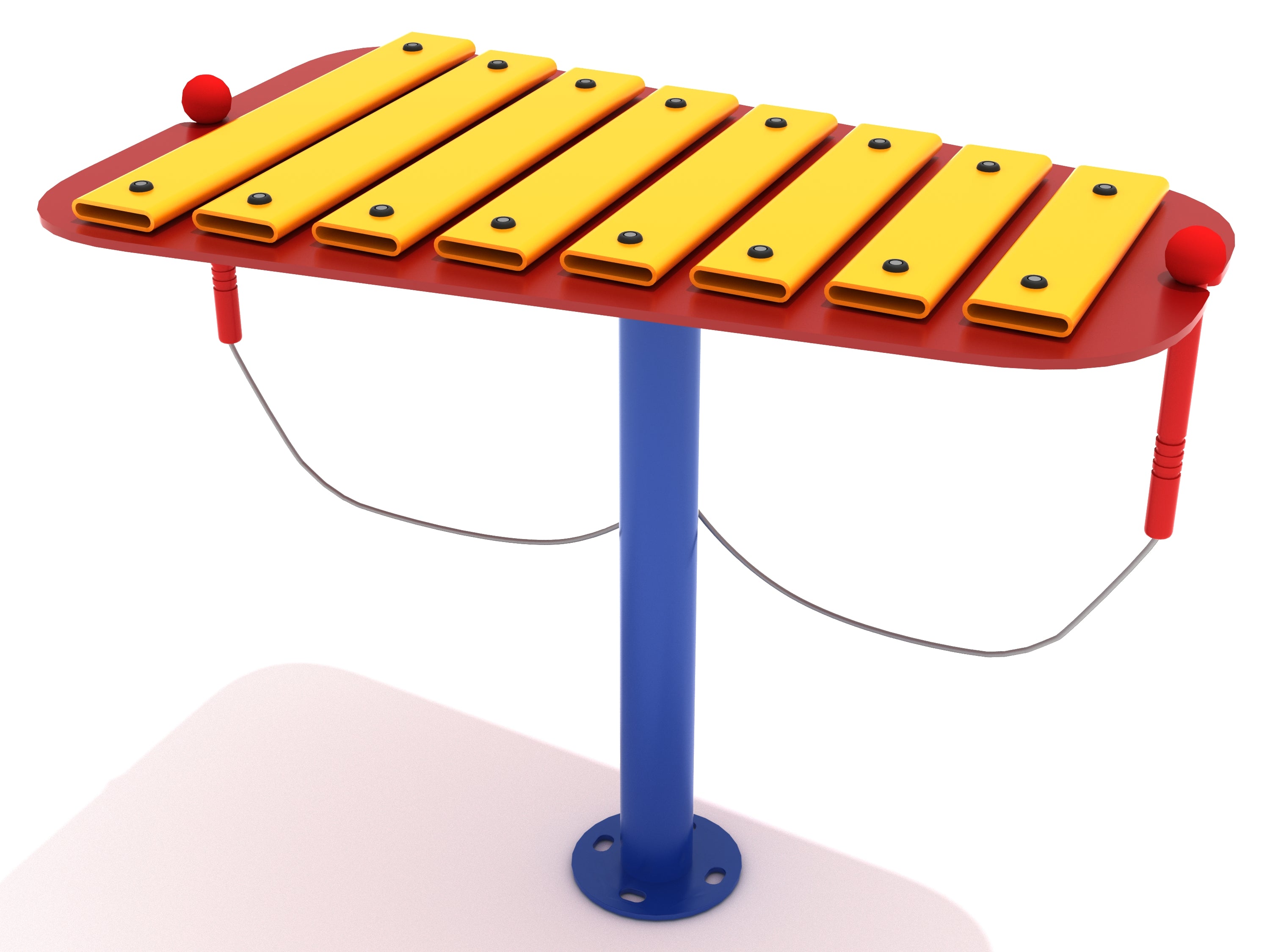 Glockenspiel Musical Play Event with yellow tuned metal bars, red frame, blue stand, and attached red mallets for playground music play
