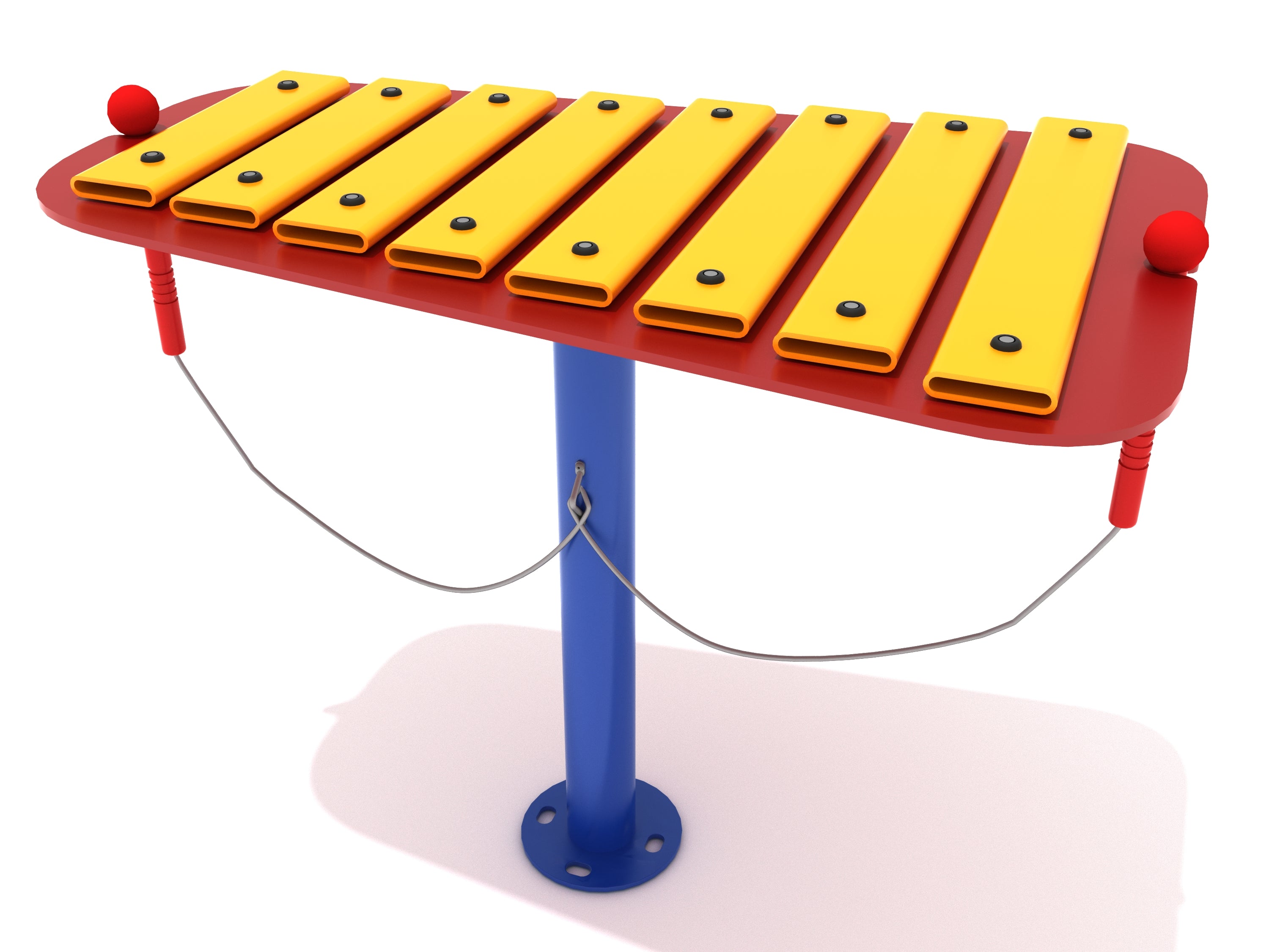 Colorful outdoor glockenspiel with yellow tuned metal bars, red frame, blue stand, and attached red mallets for musical play