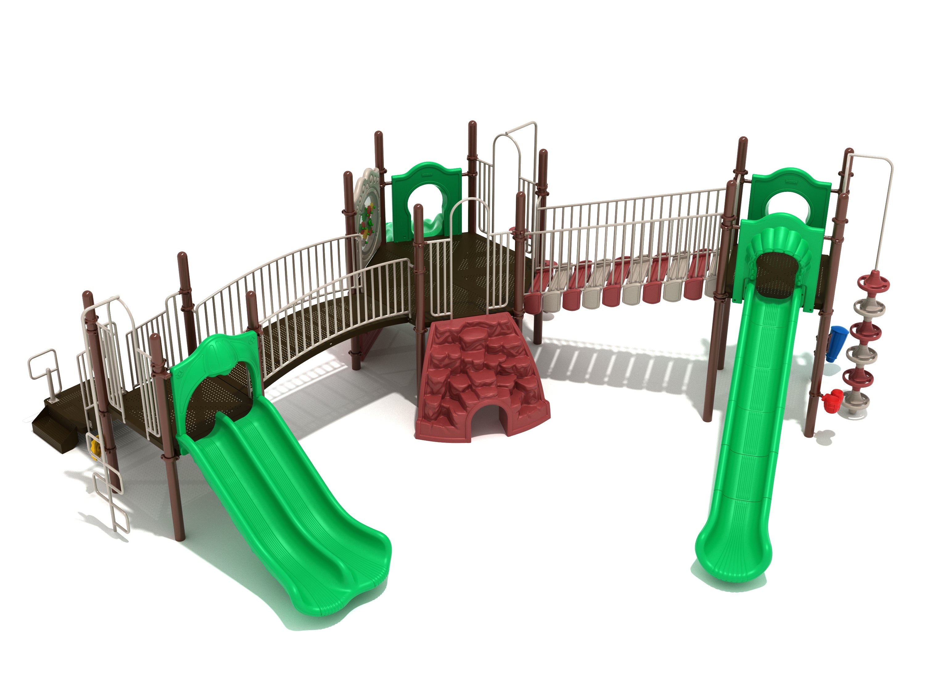 McKinley Playground large play system with green slides, climbing structures, bridges, and interactive activity panels