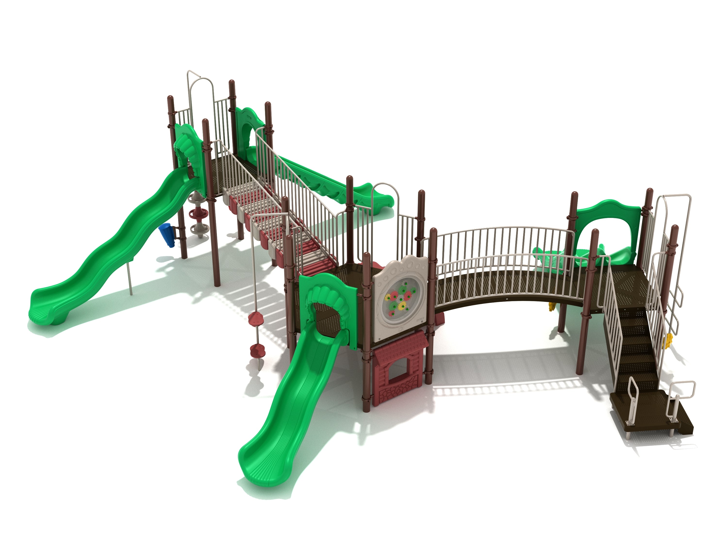 Elevated playground structure with green slides, bridges, climbing elements, and interactive inclusive play panels