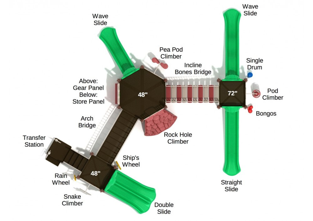 Overhead view of a large playground structure with multiple slides, climbers, bridges, and interactive play panels
