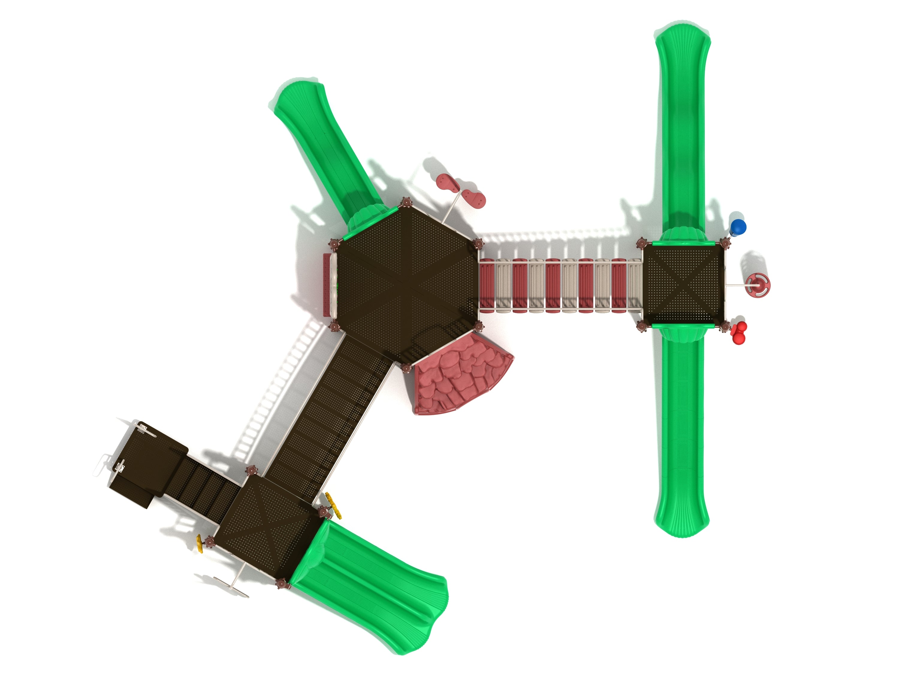 Overhead view of a large playground structure with green slides, brown platforms, bridges, and interactive play panels