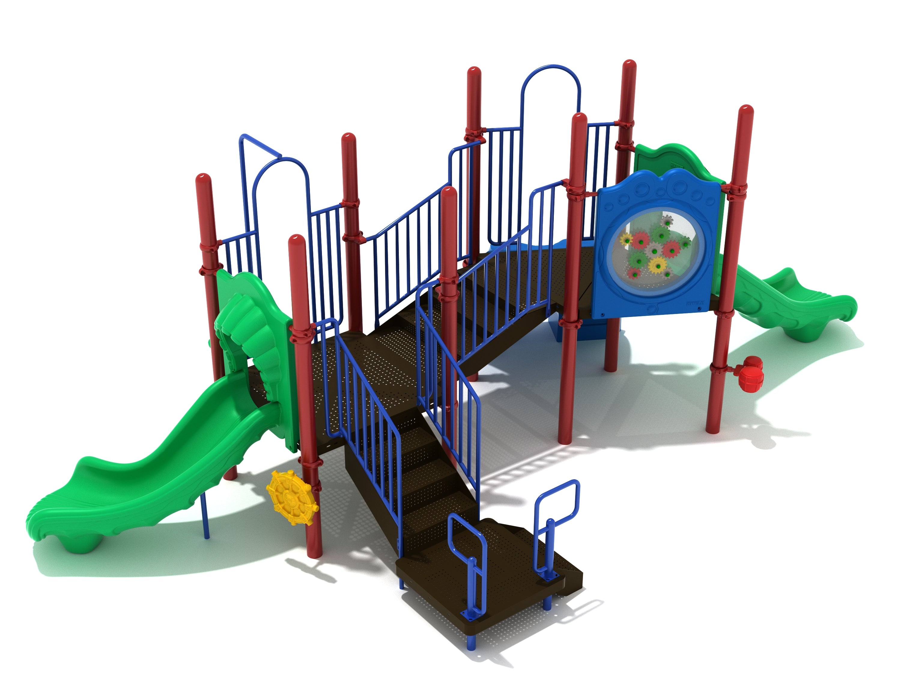 Blackburn Playground with green slides, blue railings, red posts, gear panel, accessible ramp platform, and interactive play features