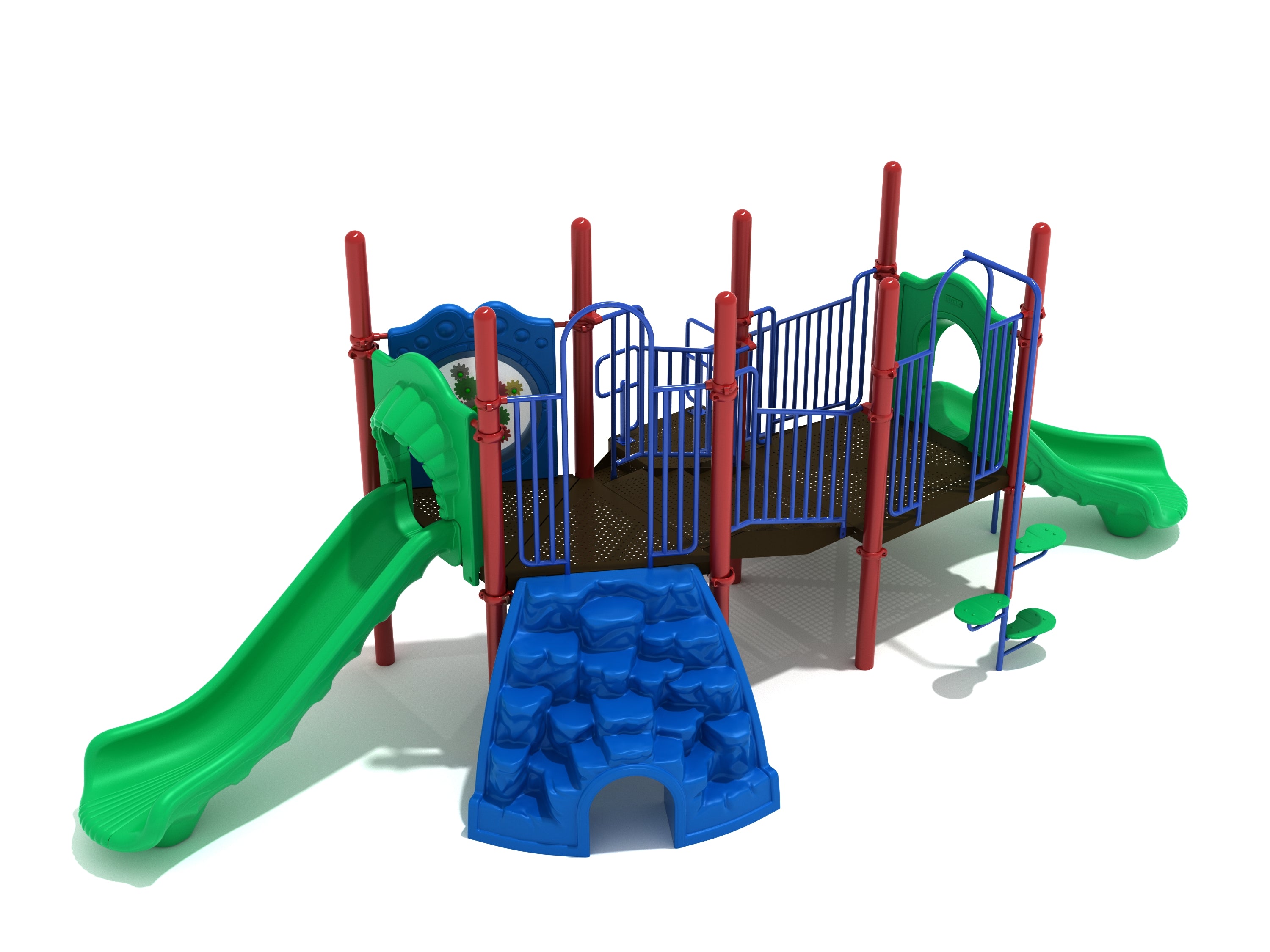 Colorful playground structure with green slides, blue climbing wall, red posts, and blue railings on a raised platform