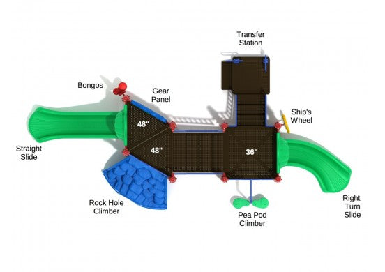 Overhead view of colorful playground with slides, climbers, ship’s wheel, bongos, gear panel, and transfer station