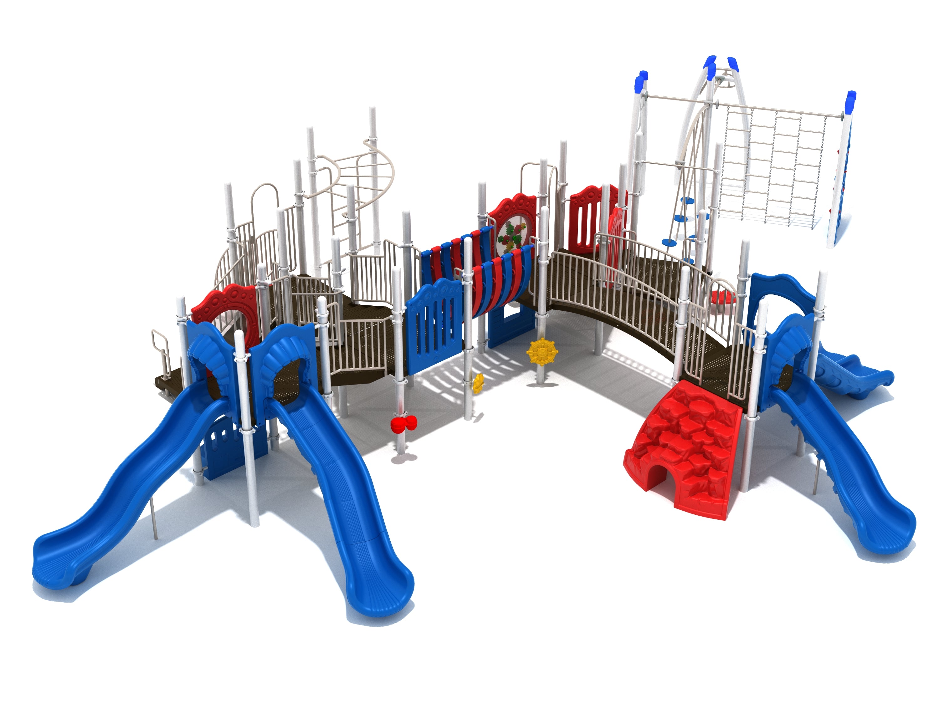 Colorful playground structure with blue slides, red climbing walls, bridges, ladders, and interactive play panels