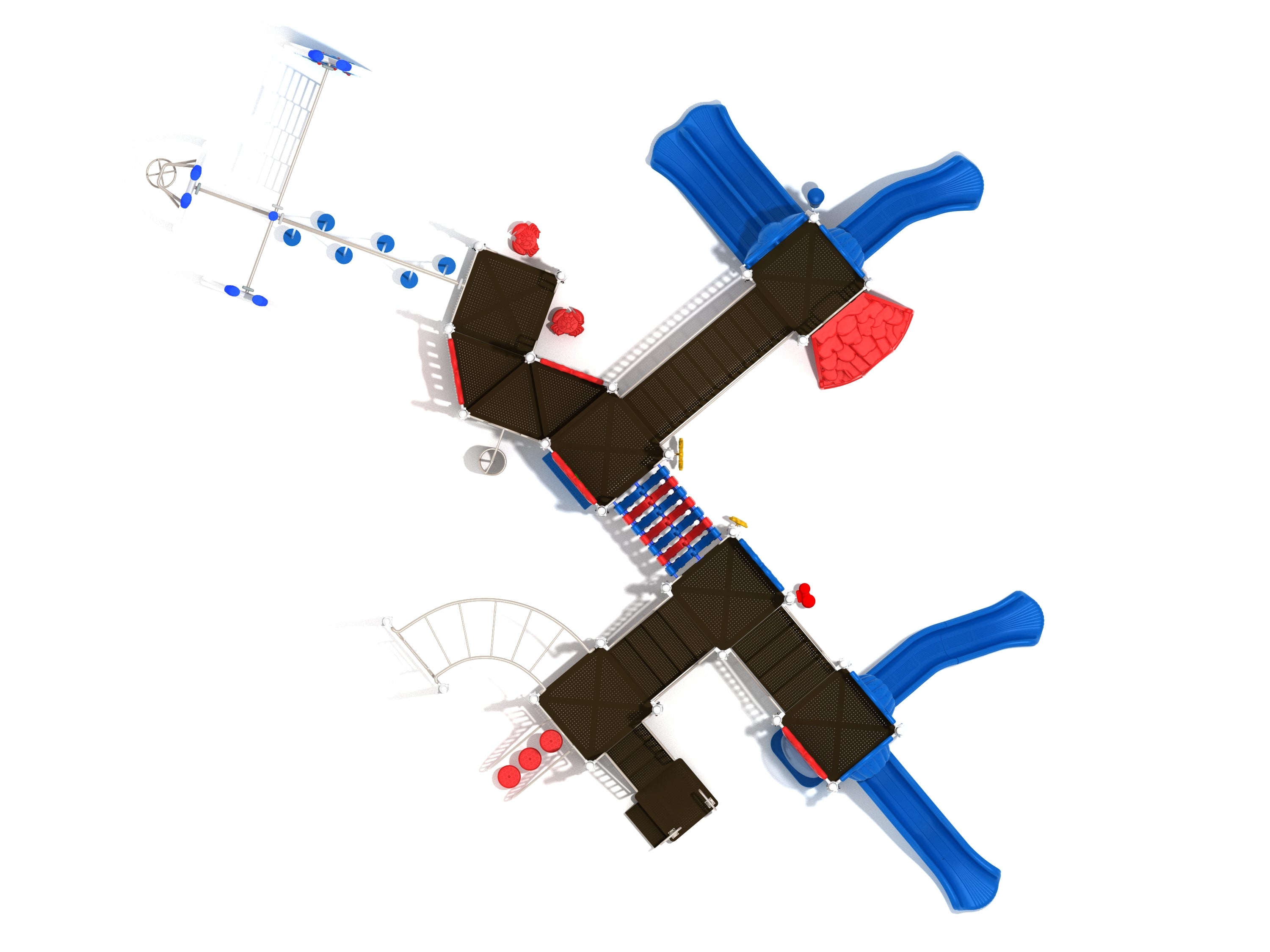 Overhead view of a large playground structure with multiple platforms, blue slides, climbing elements, and activity panels