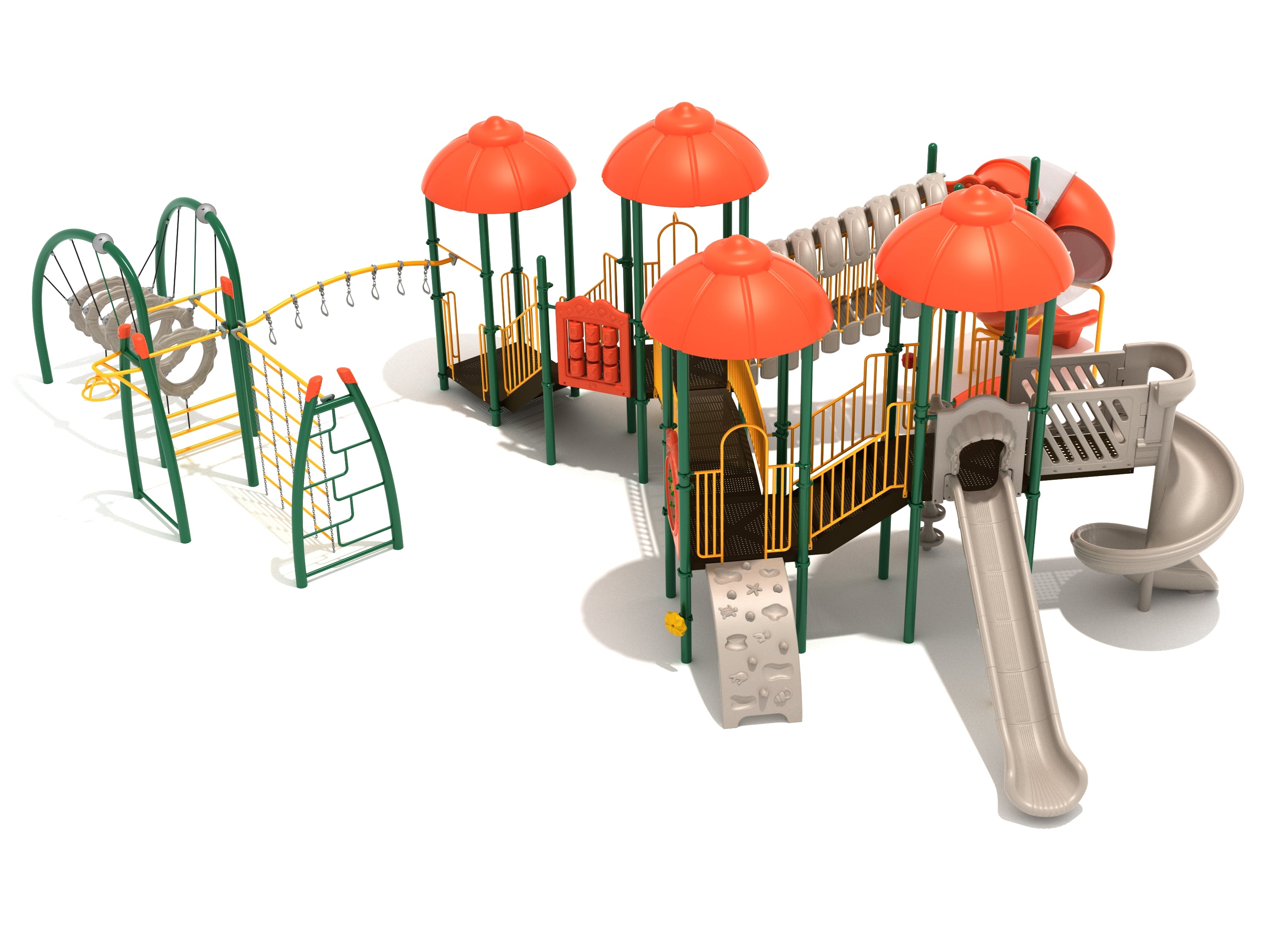 Pantigo Playground with orange canopies, beige slides, climbing walls, and green-yellow obstacle course elements in a large play system setting