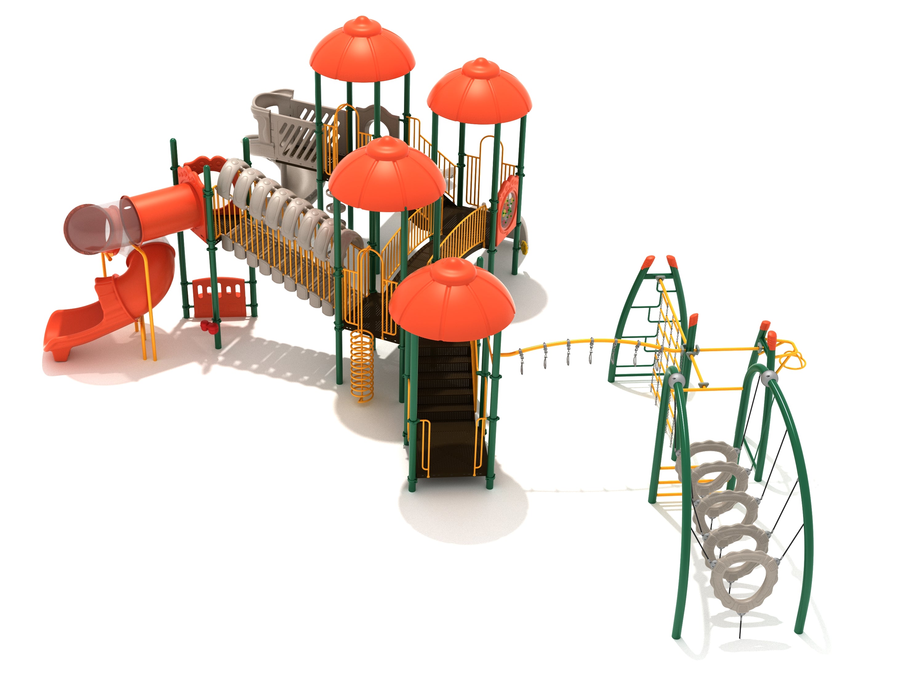 Outdoor playground structure with orange dome roofs, slides, climbing rings, bridges, and various climbing elements