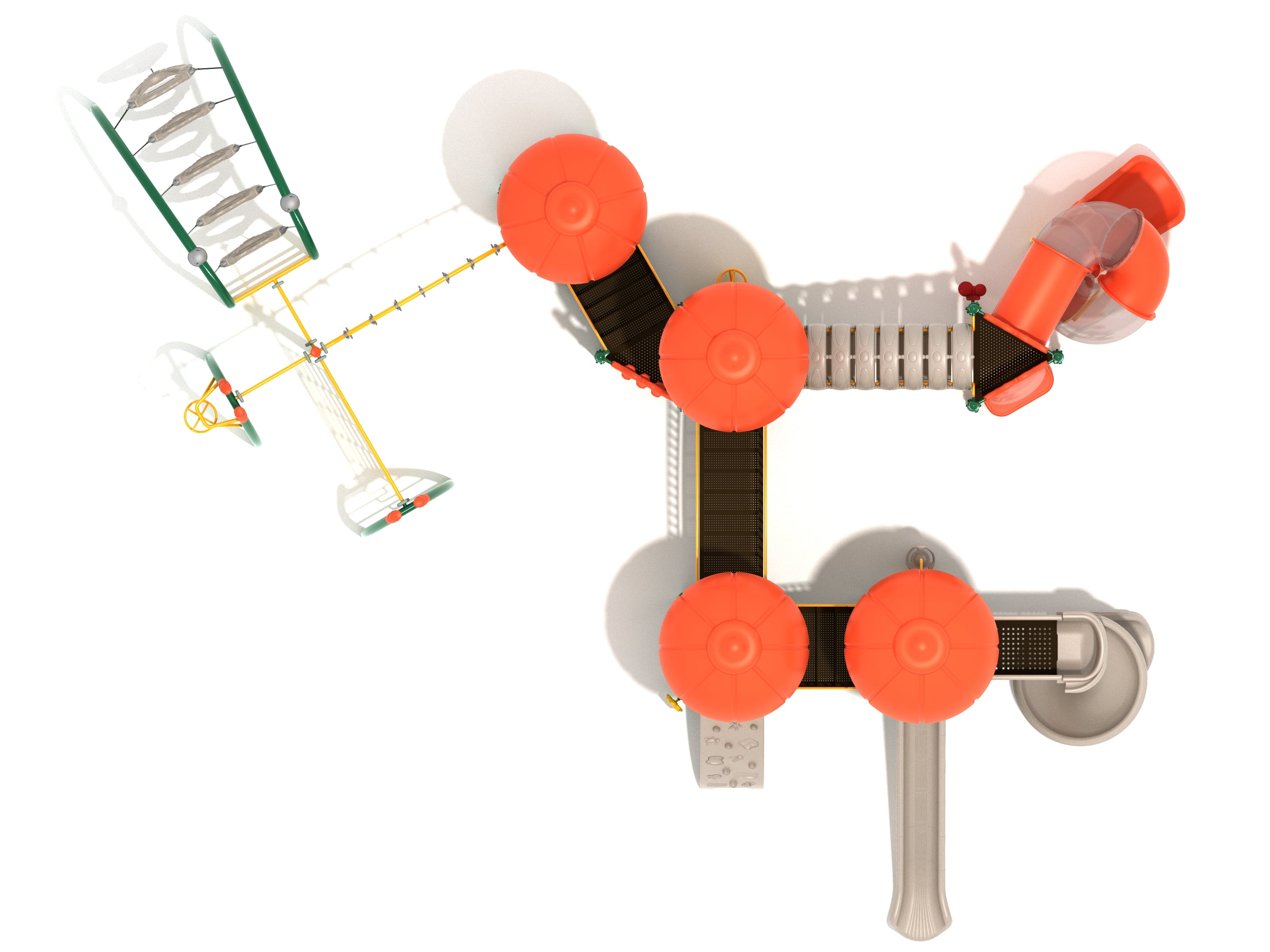 Overhead view of large playground with orange canopies, multiple slides, climbing walls, bridges, and interactive play elements