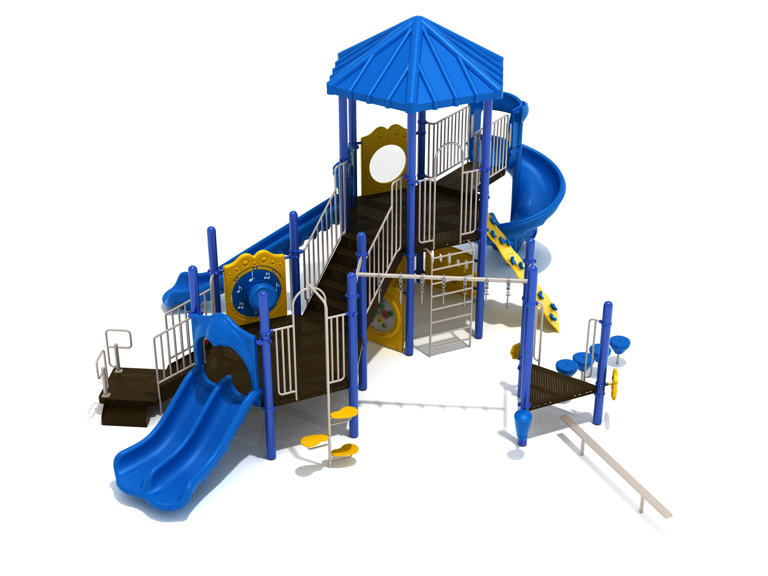 Antero Playground large play system with blue slides, climbing walls, overhead rings, and interactive panels