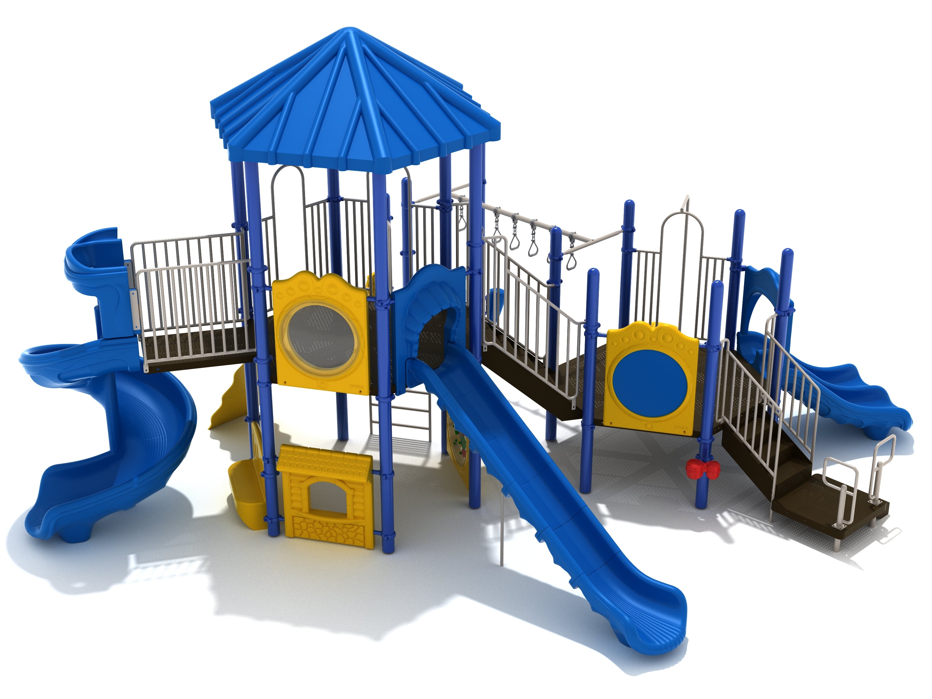 Blue and yellow commercial playground with spiral, straight, and wave slides, climbing ladders, bridges, and activity panels