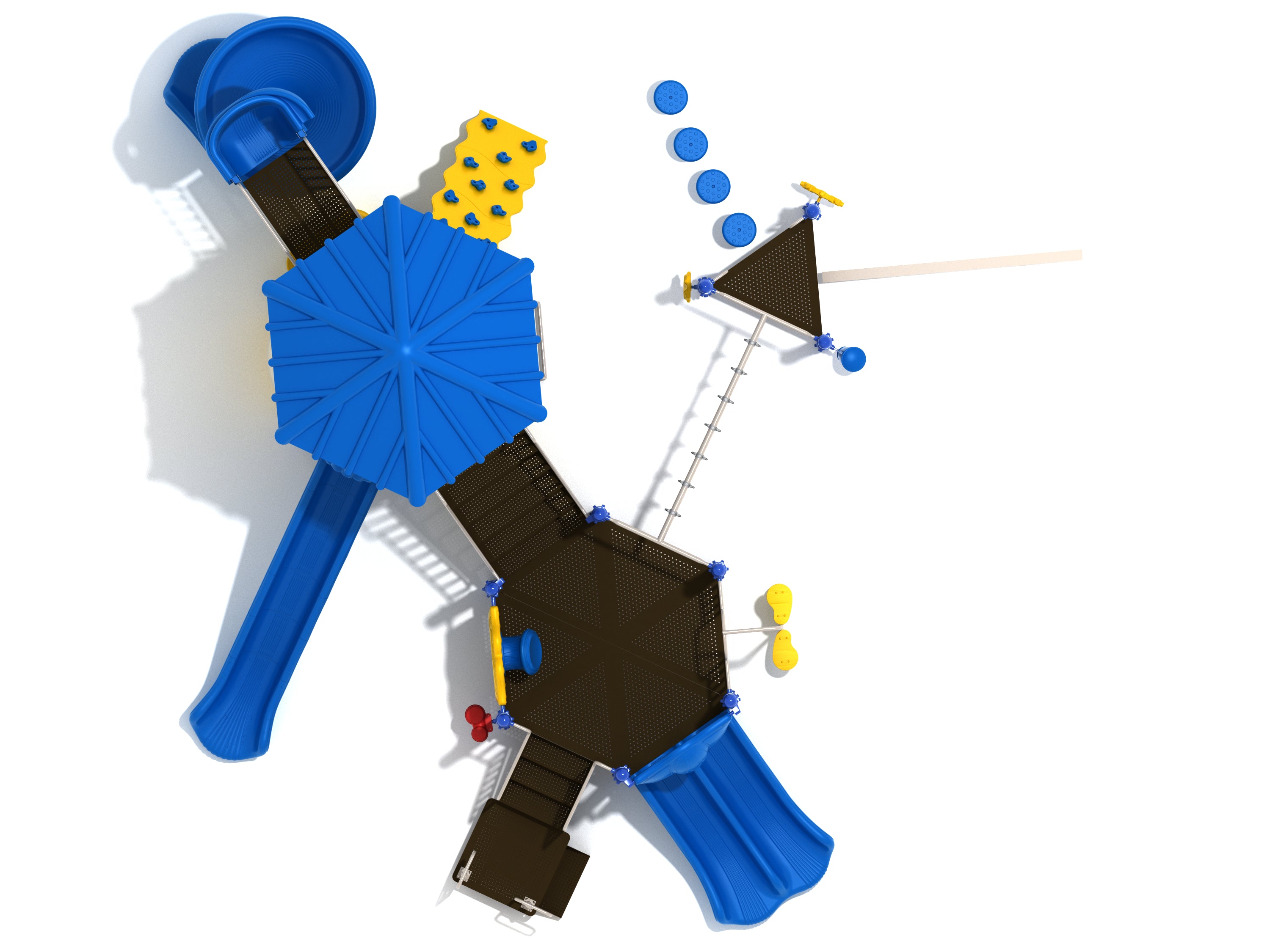 Overhead view of playground with blue shade roof, spiral and double slides, rock wall, monkey bars, and stepping pods